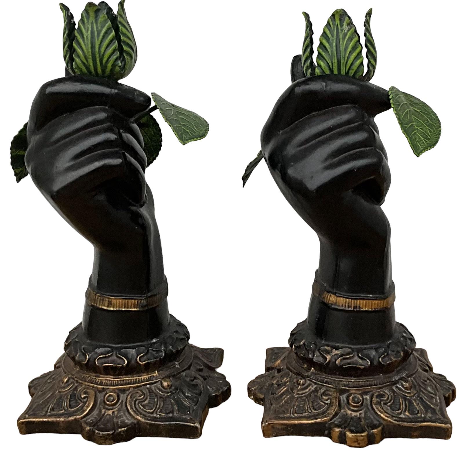 Italian Neo-Classical Style Metal Tole Hand Form & Leaf Candlesticks - Pair In Good Condition For Sale In Kennesaw, GA