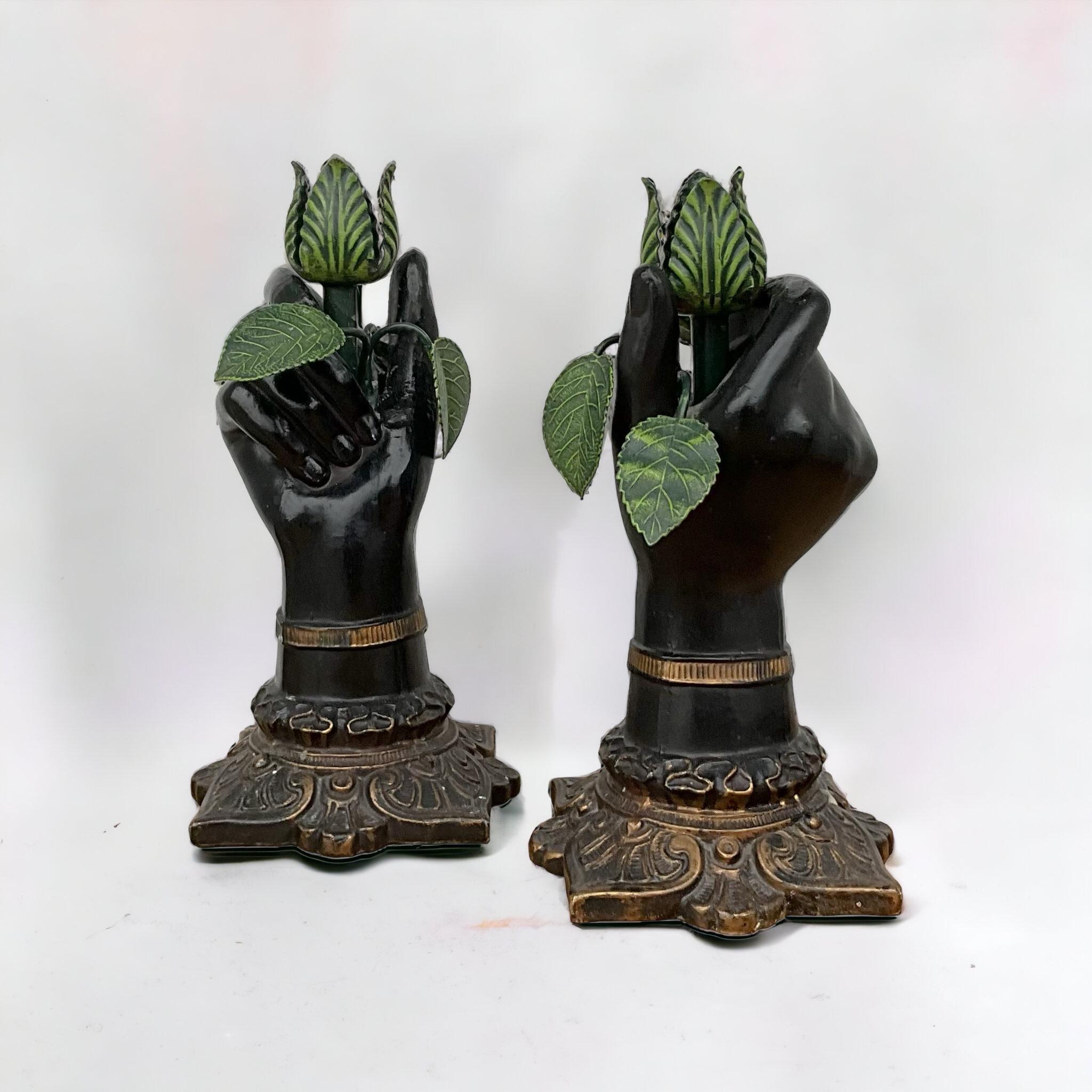 20th Century Italian Neo-Classical Style Metal Tole Hand Form & Leaf Candlesticks - Pair For Sale