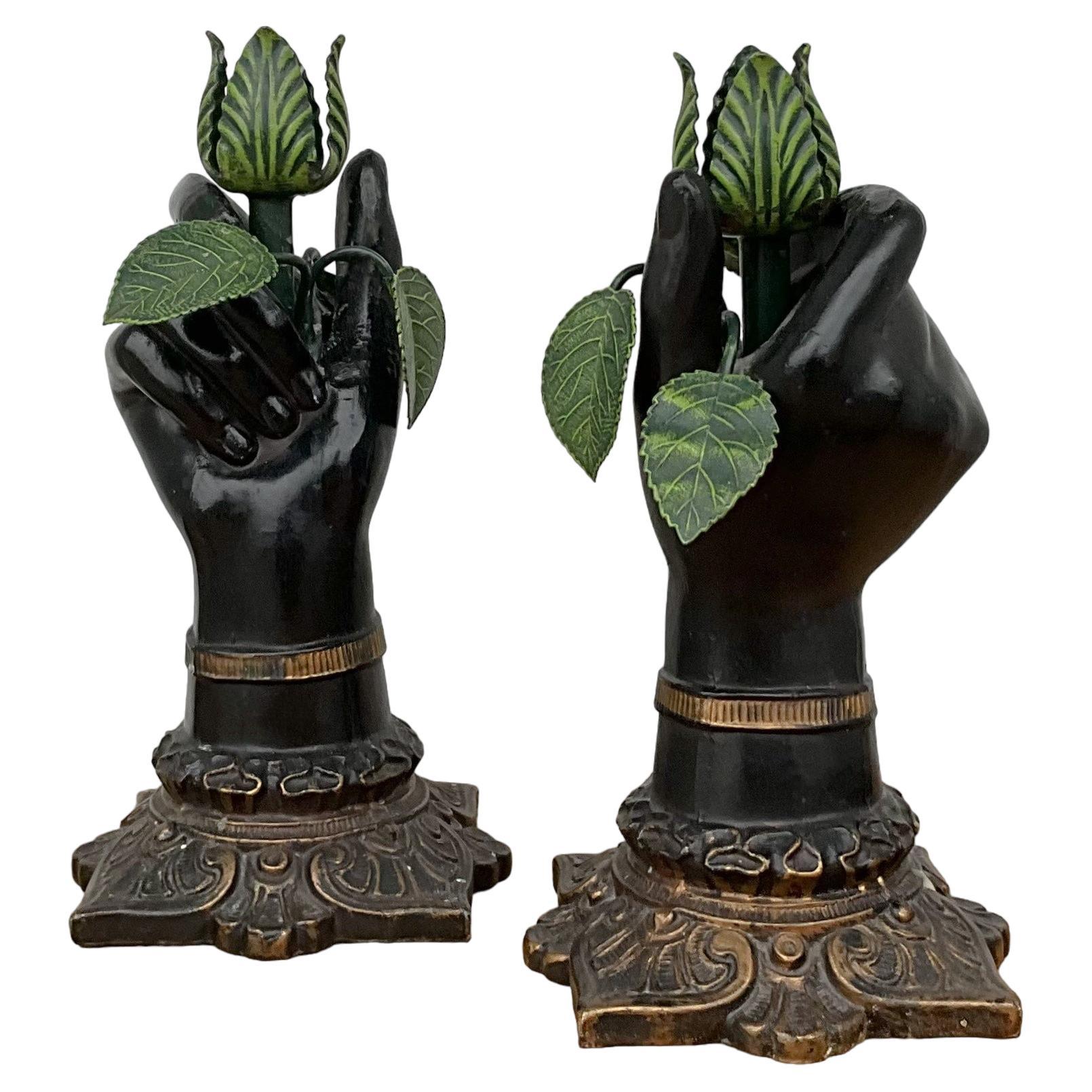 Italian Neo-Classical Style Metal Tole Hand Form & Leaf Candlesticks - Pair For Sale
