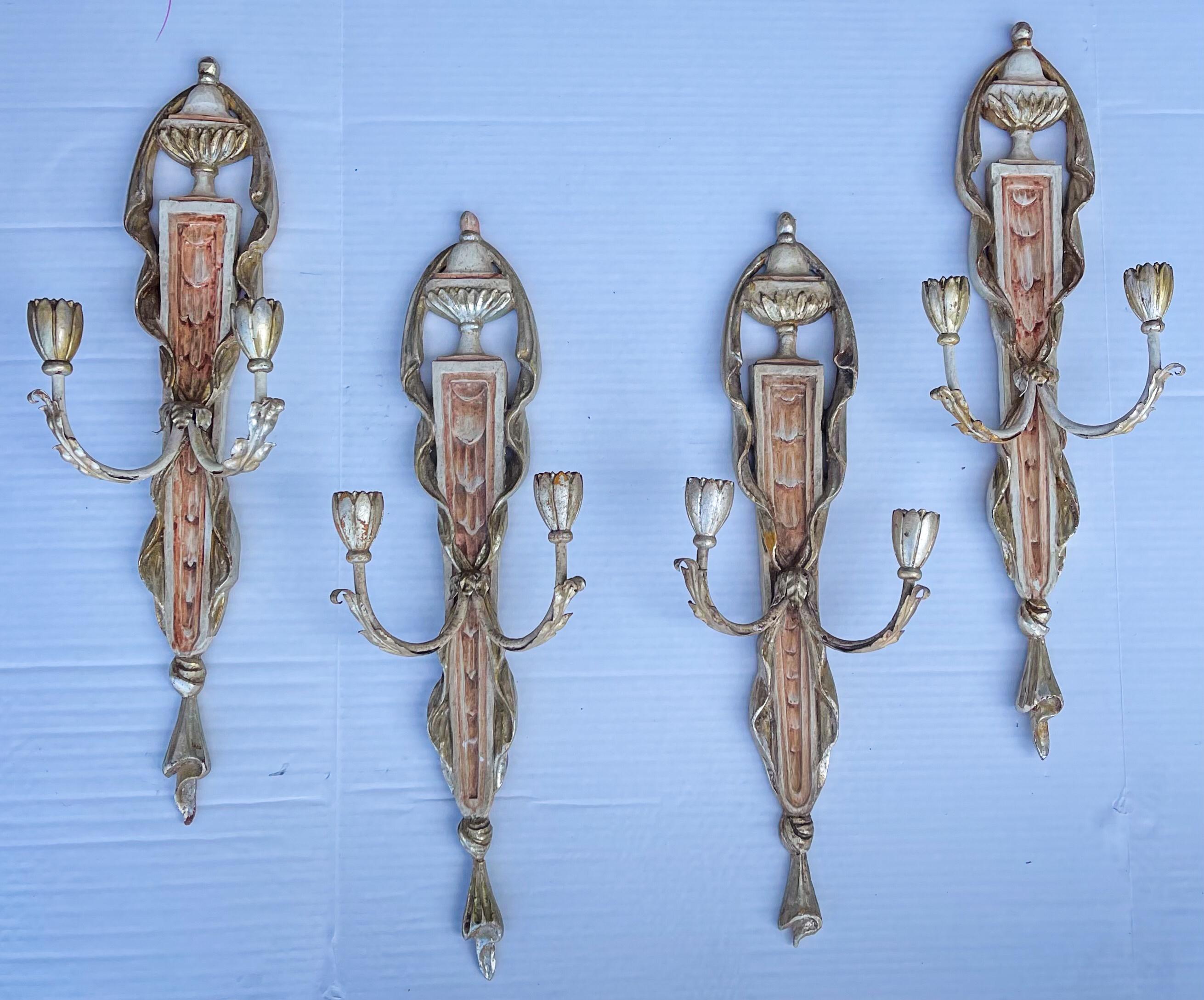 20th Century Italian Neo-Classical Style Painted Silver Gilt Tole Trompe-L’Oeil Sconces, S/4 For Sale