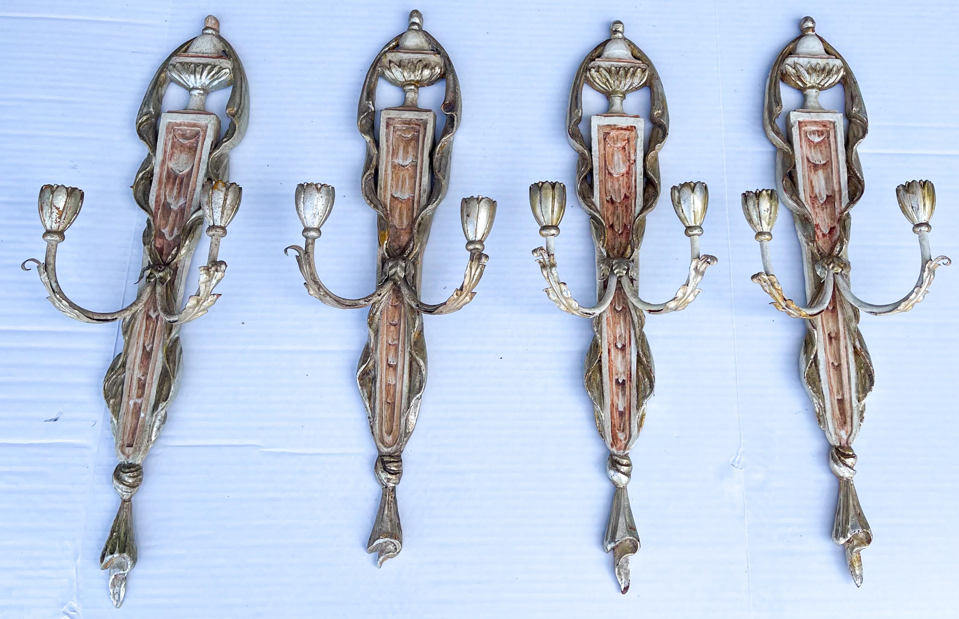 Italian Neo-Classical Style Painted Silver Gilt Tole Trompe-L’Oeil Sconces, S/4 For Sale 1