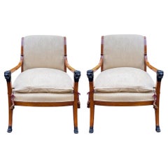 Italian Neo-Classical Style Walnut and Ebony Arm Chairs with Lions, Pair