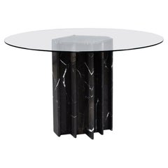 Italian Neo Deco Black Marble Pedestal Dining Table with Round Glass Top