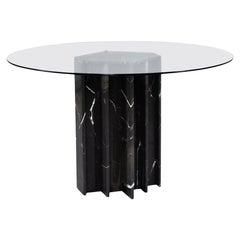 Italian Neo Deco Black Marble Pedestal Dining Table with Round Glass Top