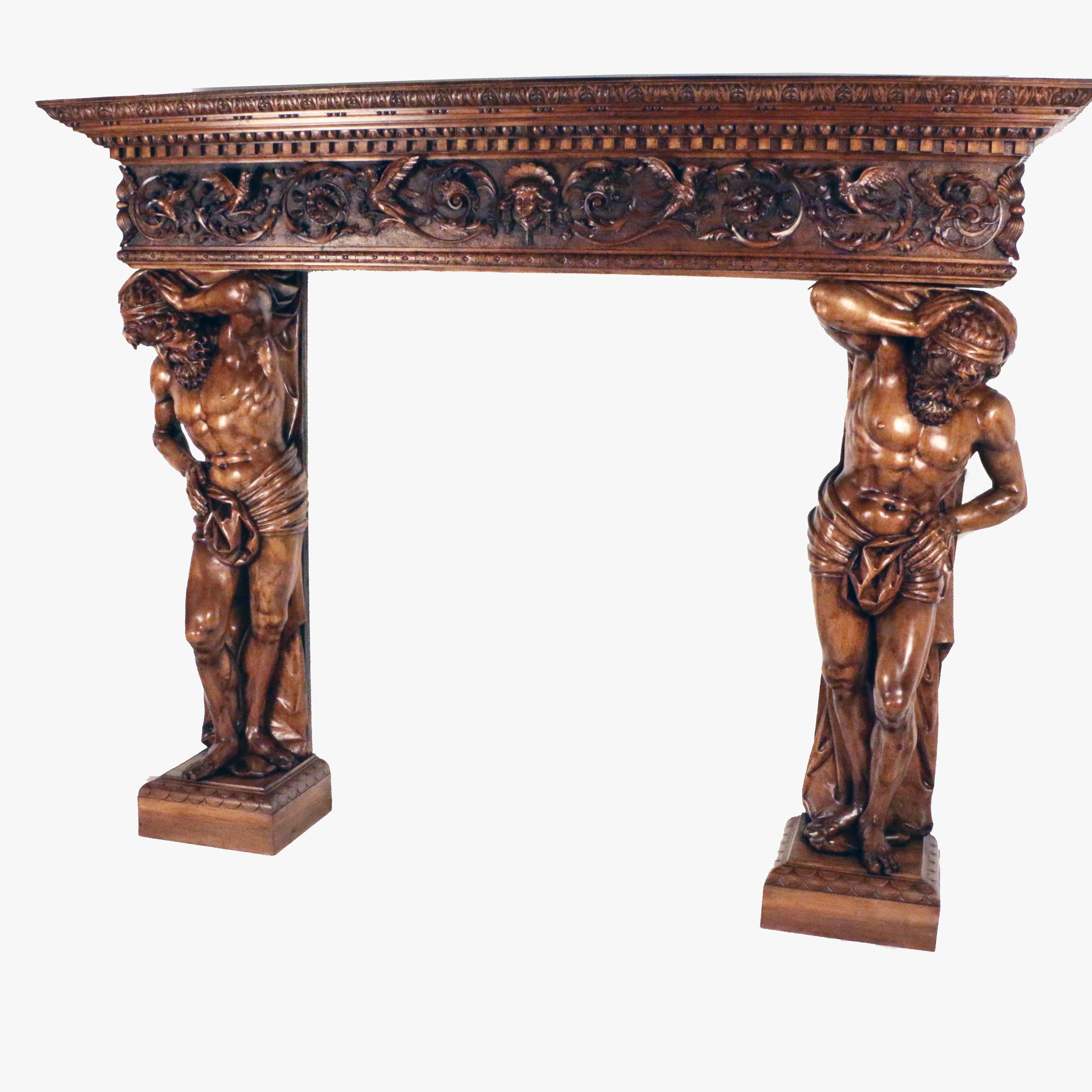 This extraordinary mantel is superbly carved, firstly with a simple dentil cornice; above a front panel, carved in high-relief with birds, scrolling leaves and tendrils. The jambs are carved as a pair of muscular Atlas-like supporters which are a