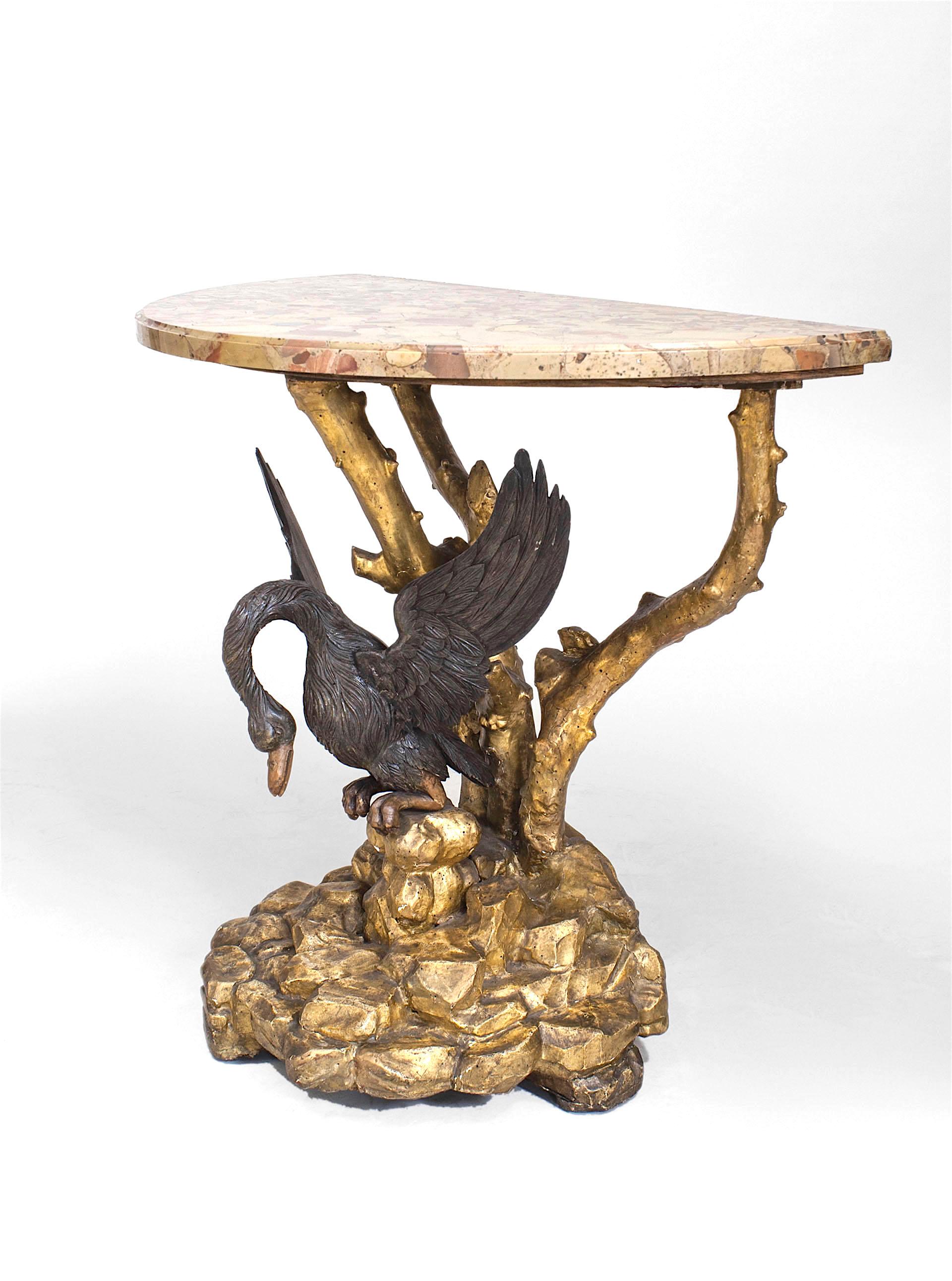 Italian neoclassic (19th century) gilt console table with twig design and green lacquered swan carved base with half round marble top.
 