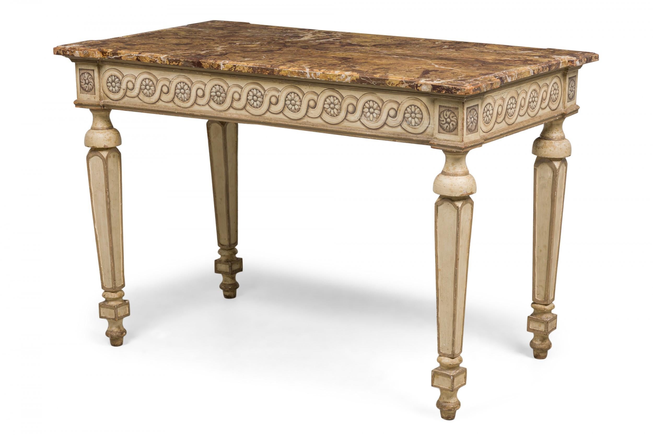Italian Neo-Classic console / center table with a brown and beige painted faux marble top resting on a beige painted and parcel gilt base with a painted design around the apron and four tapered legs topped with painted rosettes.