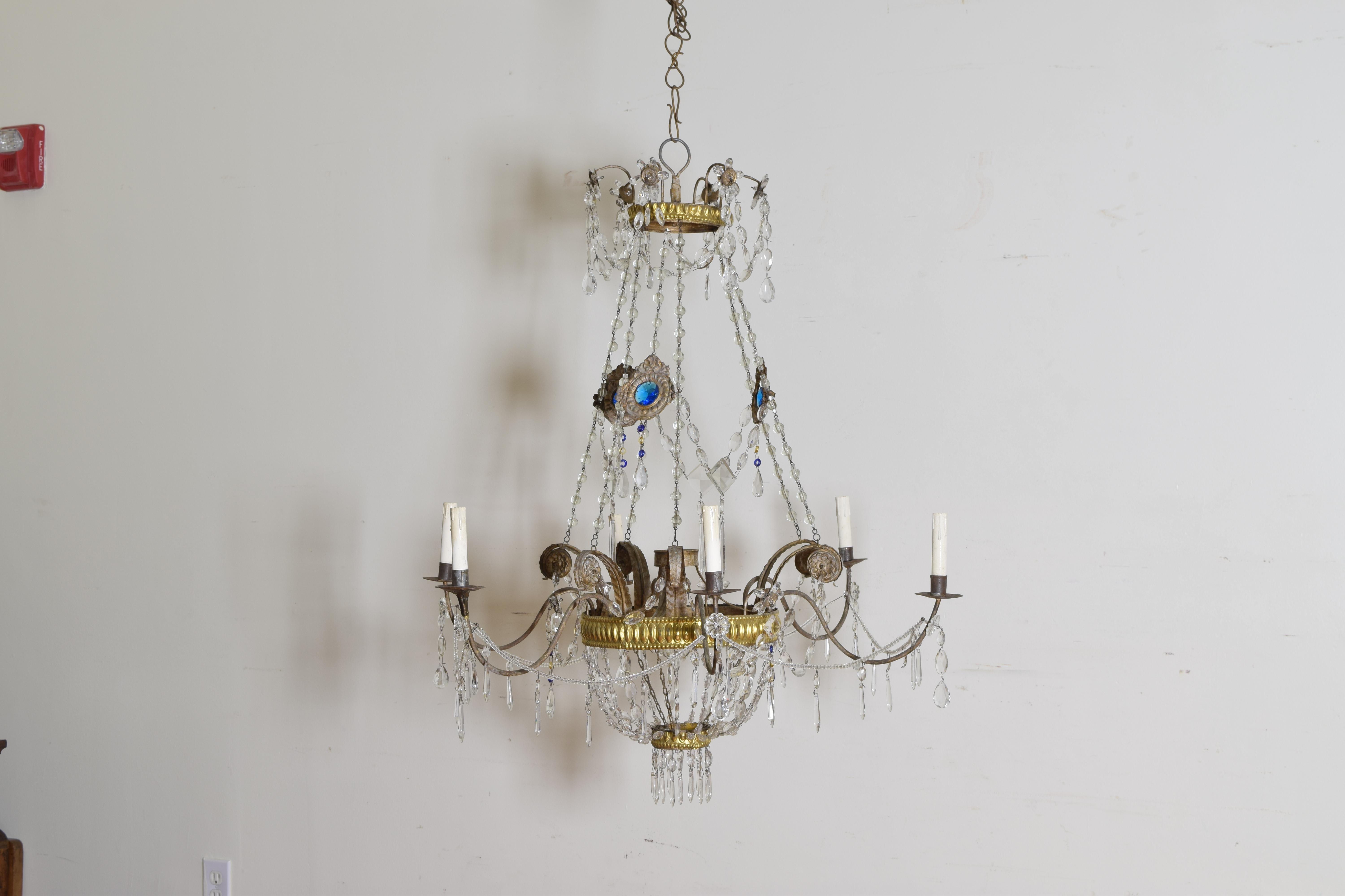 Neoclassical Italian Neoclassic Brass and Blue Glass 6-Light Chandelier