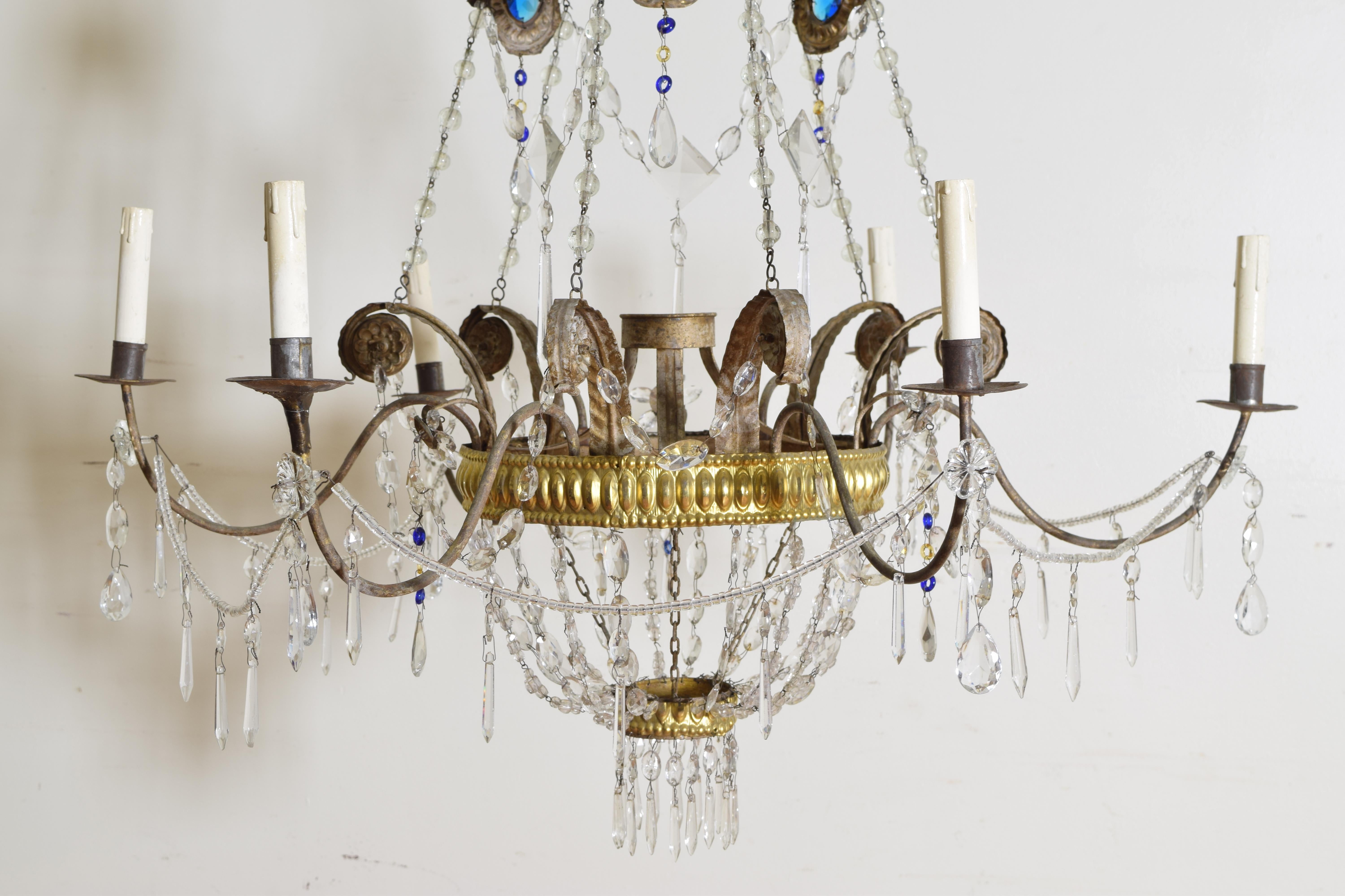 Italian Neoclassic Brass and Blue Glass 6-Light Chandelier 4