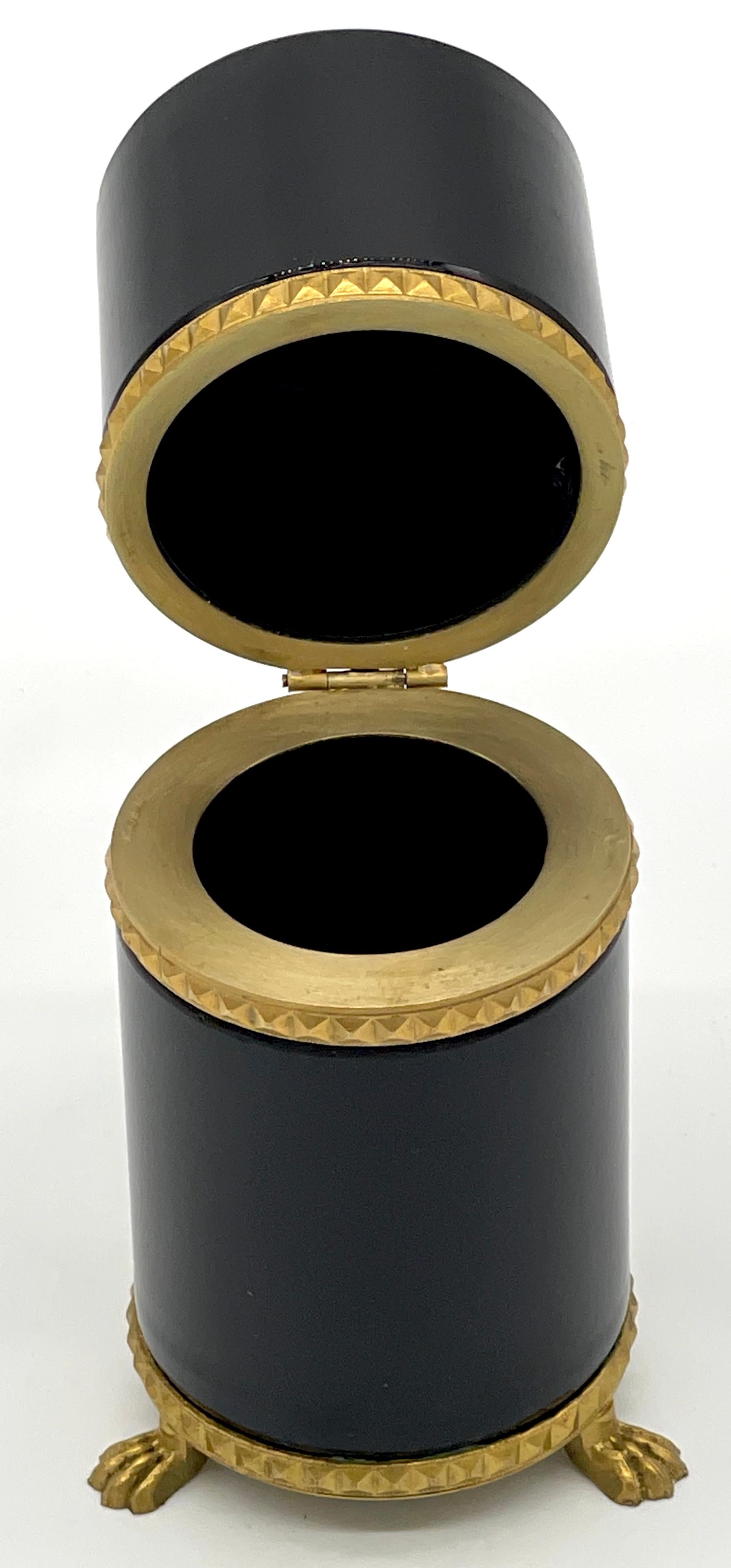 Neoclassical Italian Neoclassic Gilt Bronze Mounted  Black Murano Glass Tall Cylinder Box For Sale