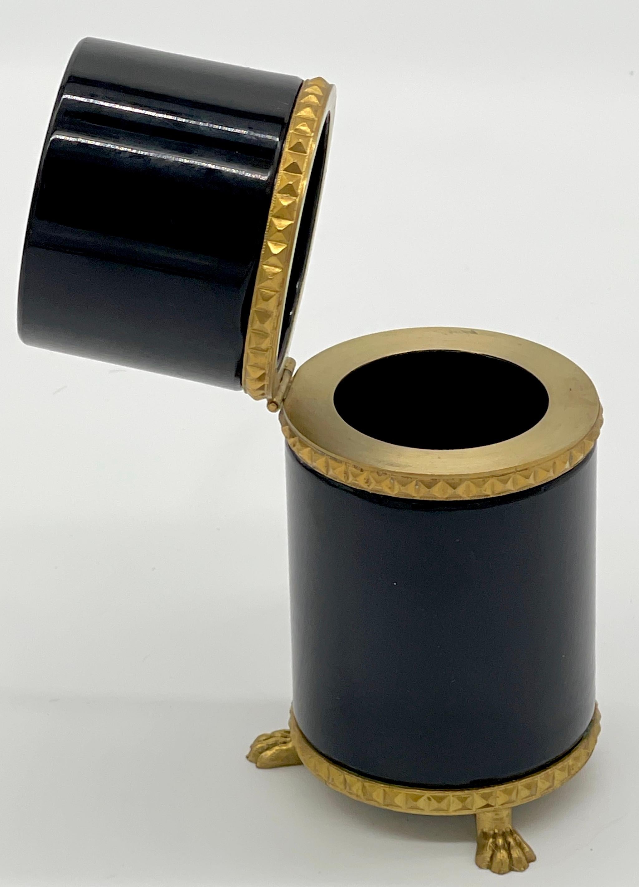 20th Century Italian Neoclassic Gilt Bronze Mounted  Black Murano Glass Tall Cylinder Box For Sale