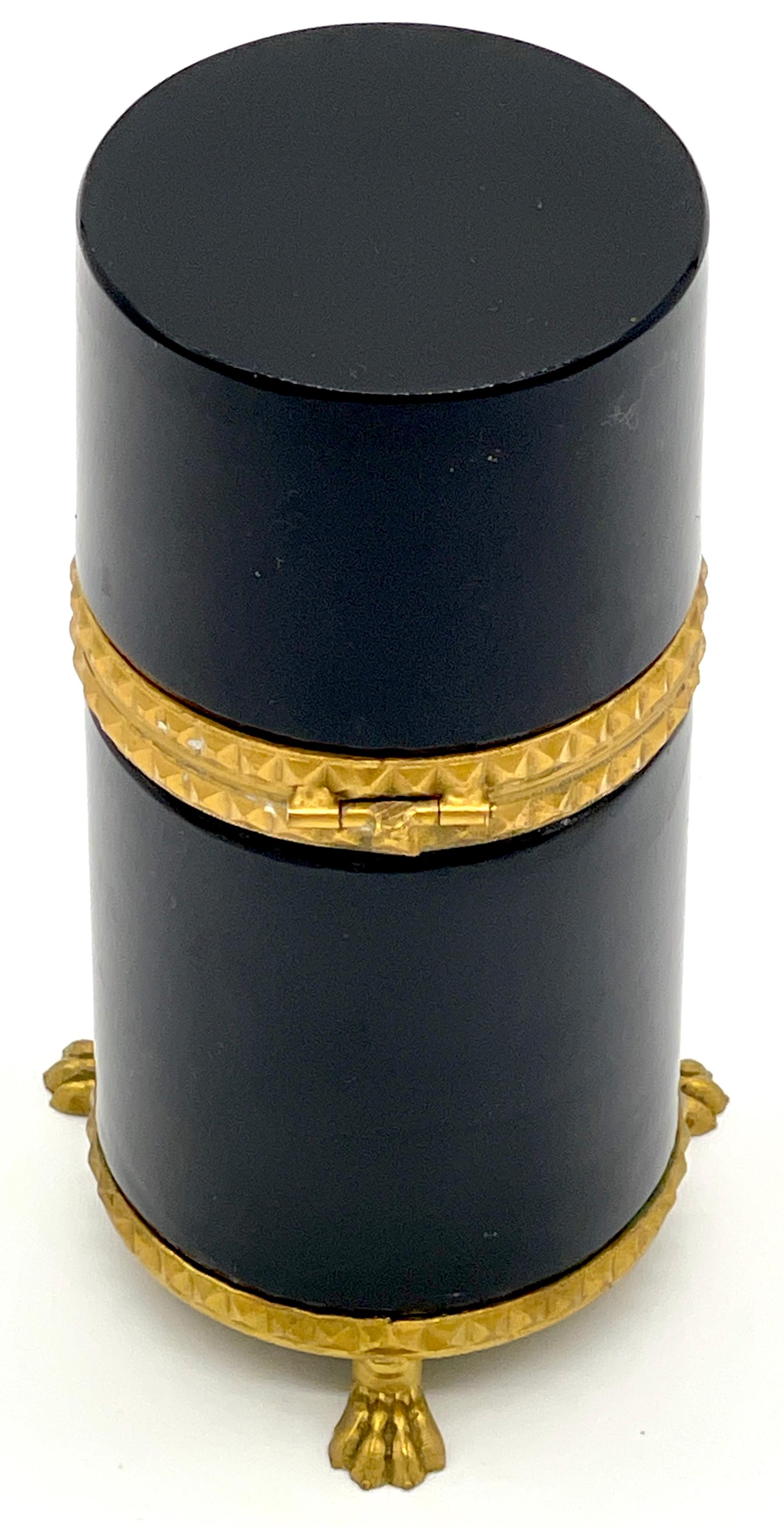 Italian Neoclassic Gilt Bronze Mounted  Black Murano Glass Tall Cylinder Box For Sale 1