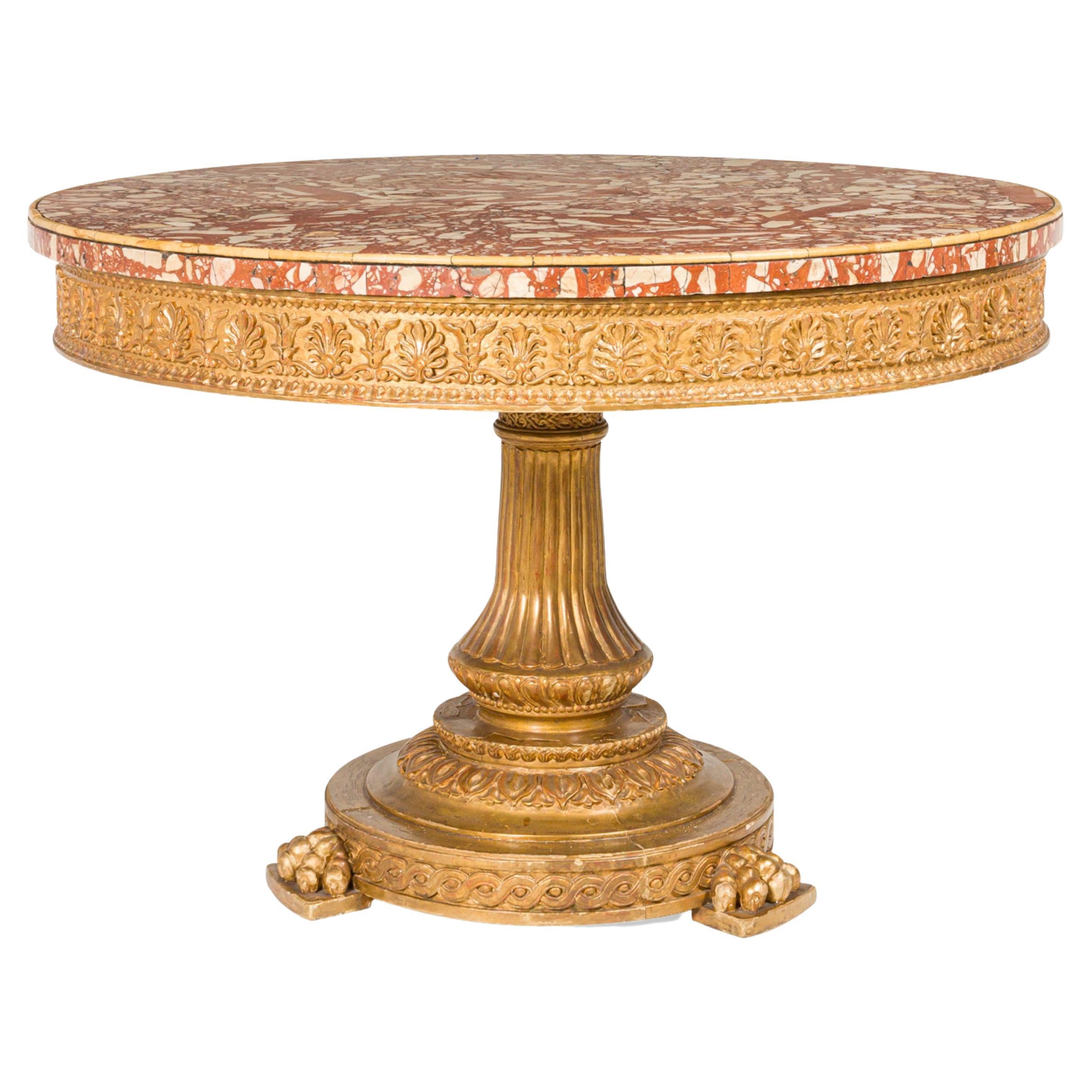 Italian Neoclassic Giltwood and Breccia Rosso Marble Circular Center Table For Sale