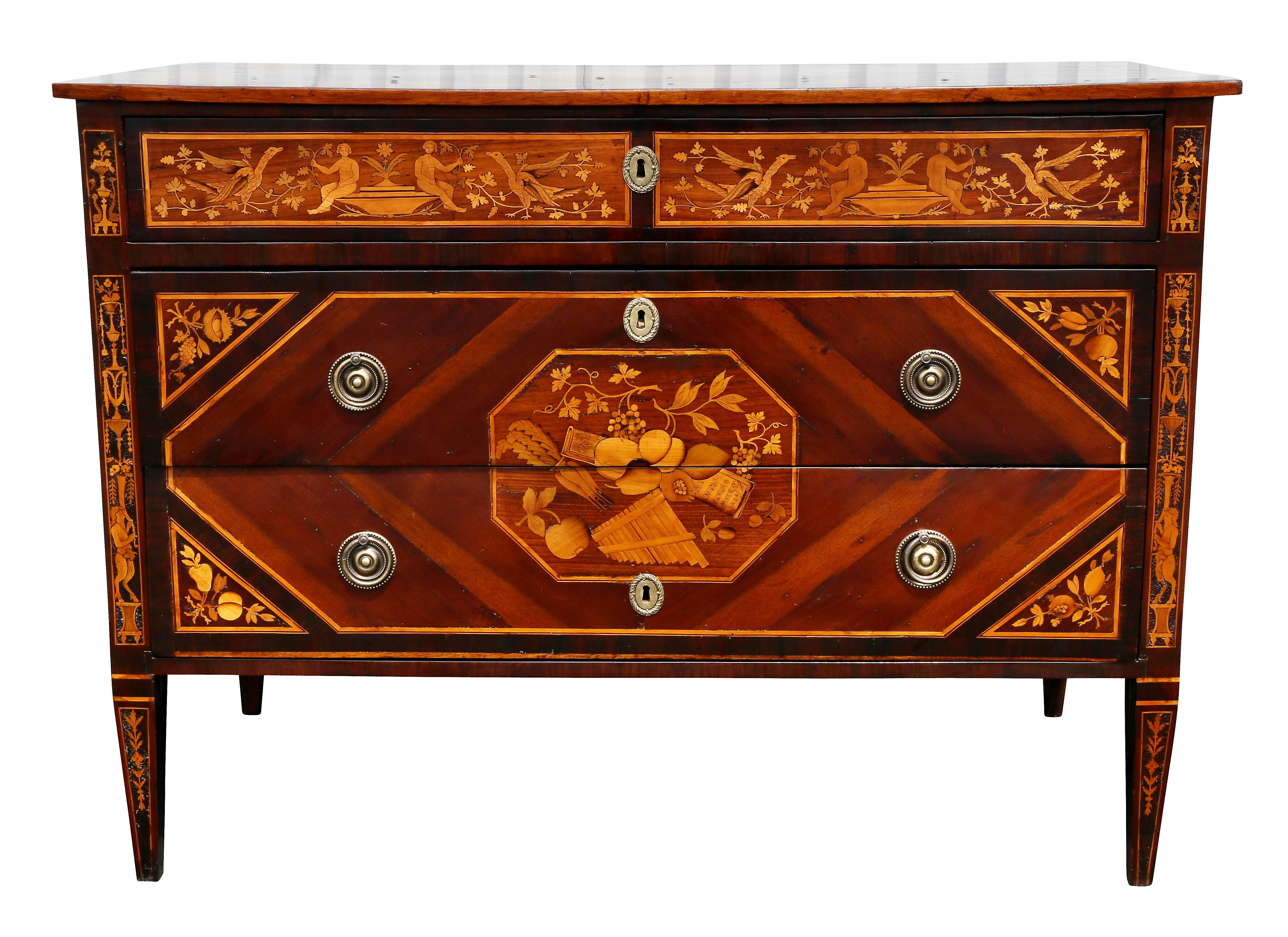With rectangular top with central inlay of a bowl with flowers over a conforming case with one drawer over a pair of drawers sans - traverse. Beautifully inlaid with figures and trophies.