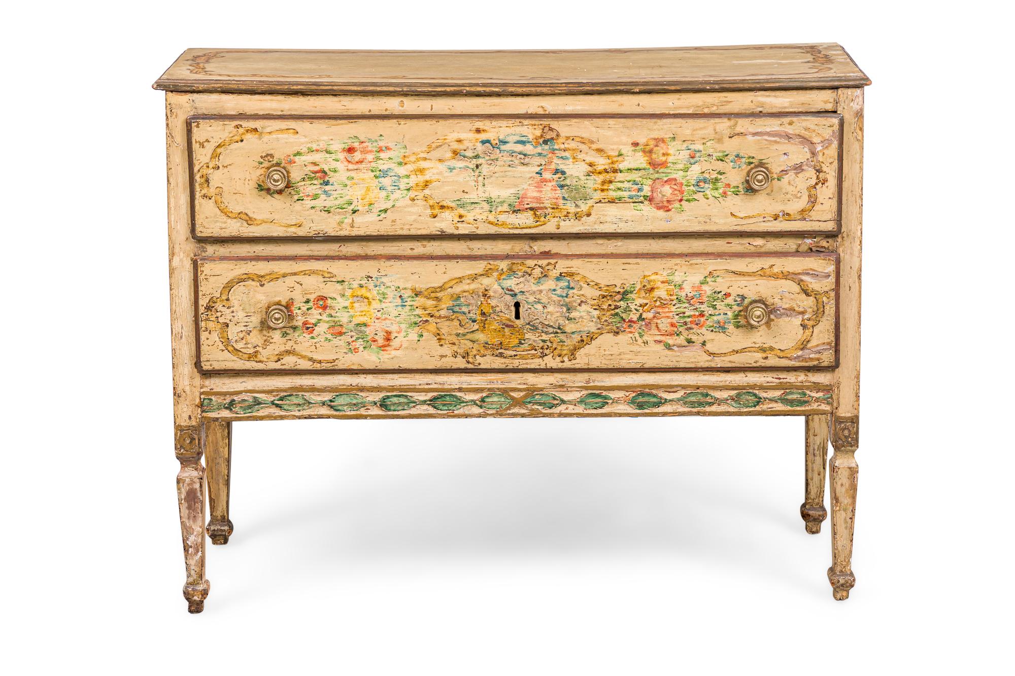 Italienisch Neo-klassischen Piemontese Beige Gemalt und dekoriert  Parcel-Gilt Zwei-Schubladen-Kommode, (AS IS-gestörte lackierte Oberfläche)