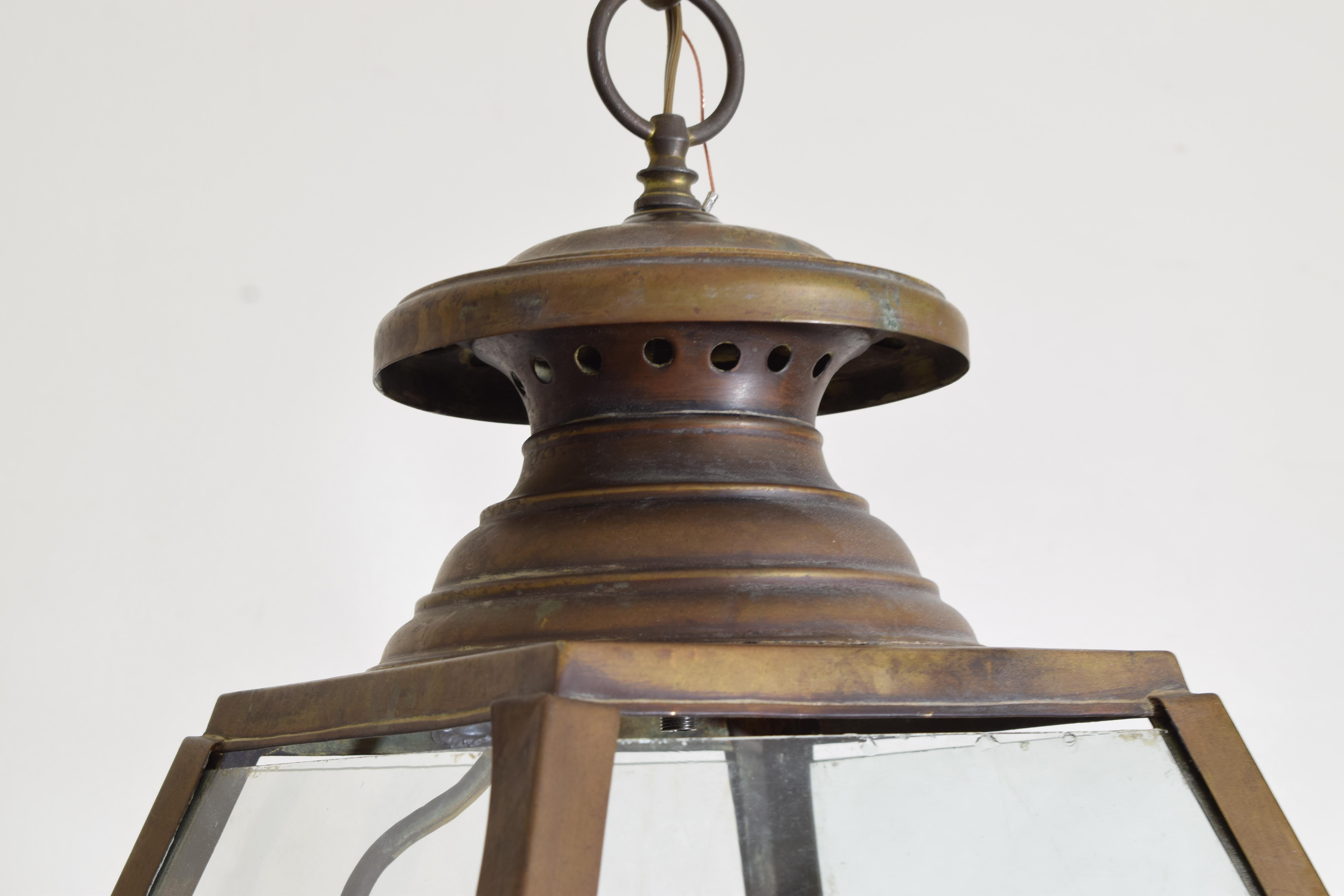 Late 19th Century Italian Neoclassic Patinated Brass Gas Lantern, 2nd Half 19th C, Electrified