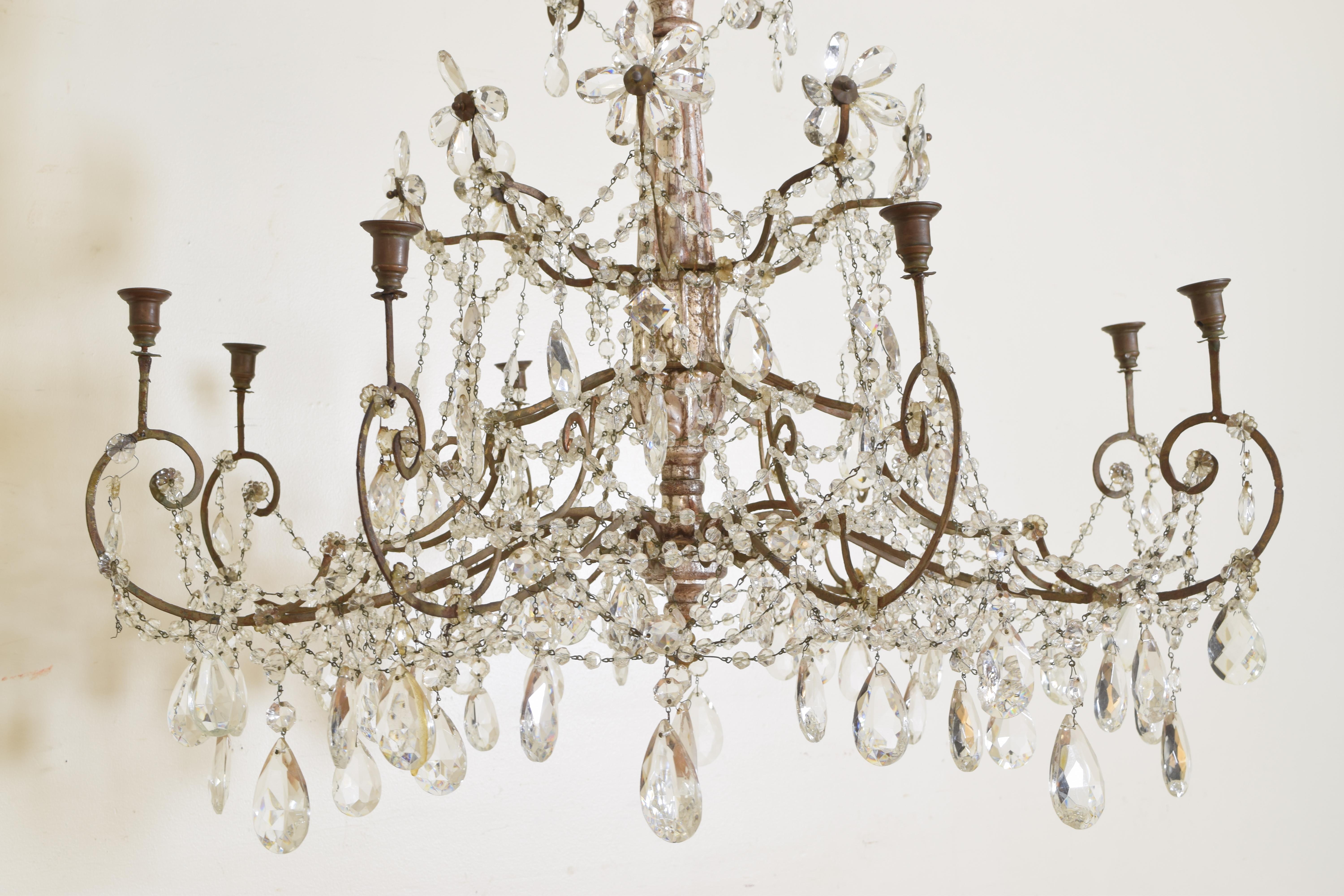 Mid-19th Century Italian Neoclassic Silver Gilt, Iron, and Glass 8-Light Chandelier