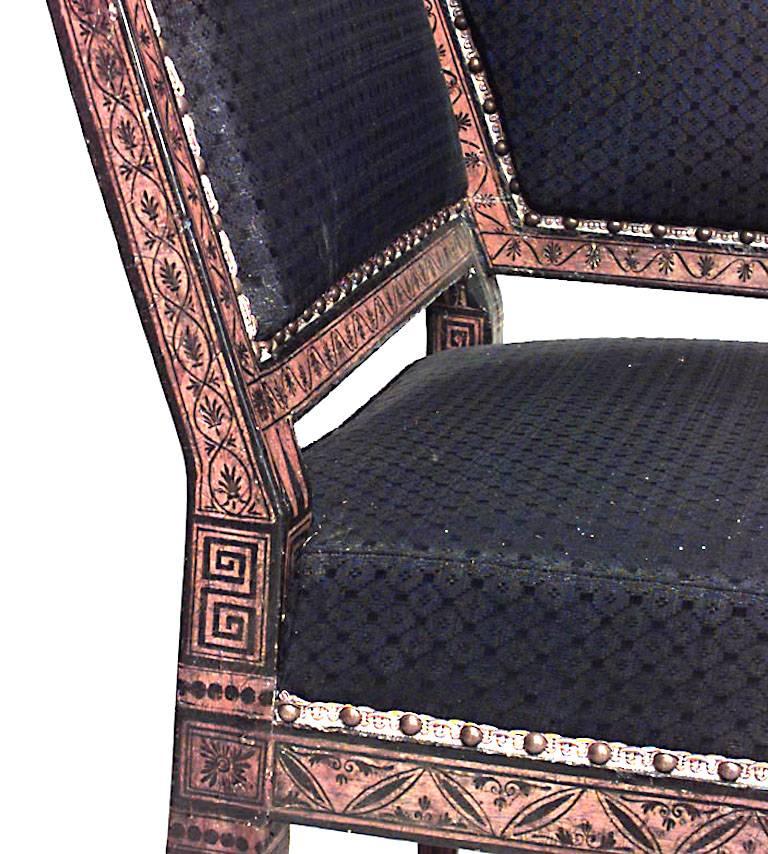 Italian Neo-classic style (18th Cent) brown lacquer and black stenciled settee with horse hair upholstery (with seat rip)

