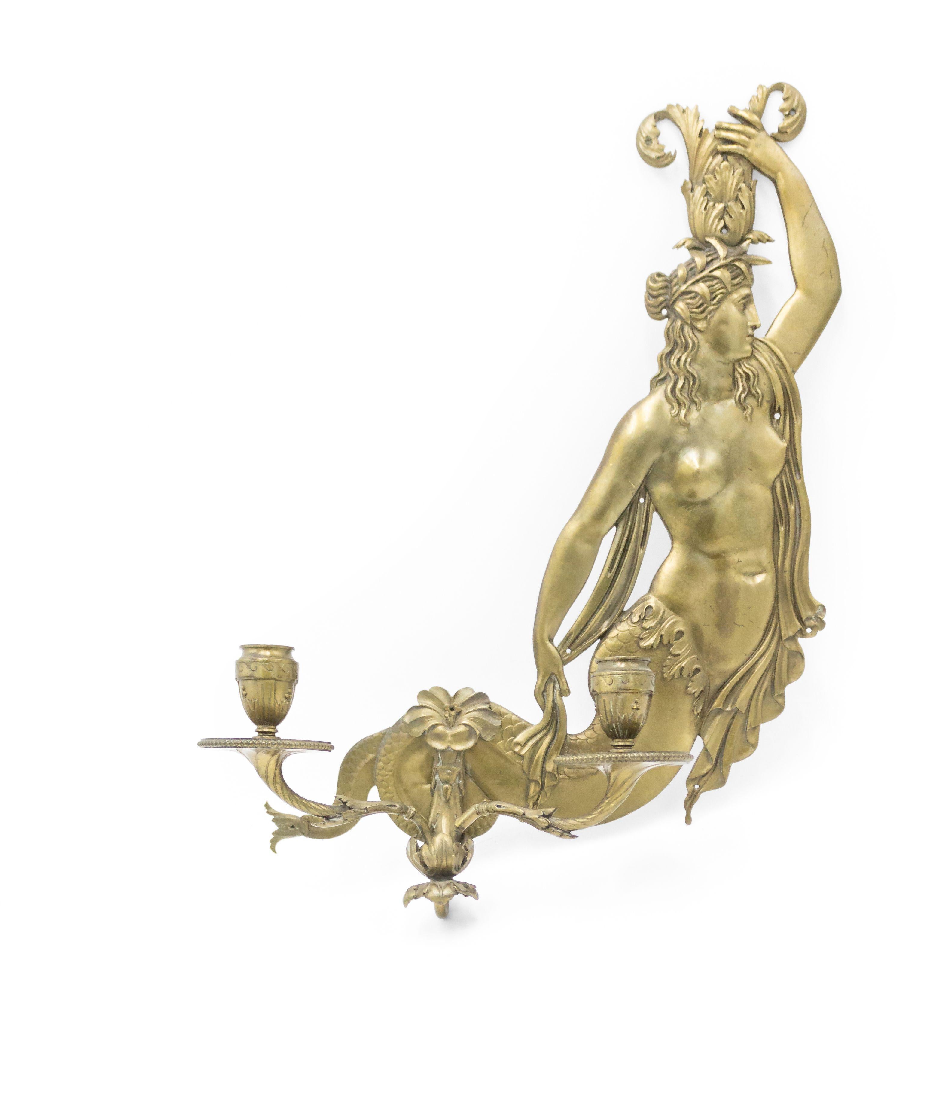 Italian Neoclassic Style Bronze Mermaid Wall Sconces In Good Condition For Sale In New York, NY