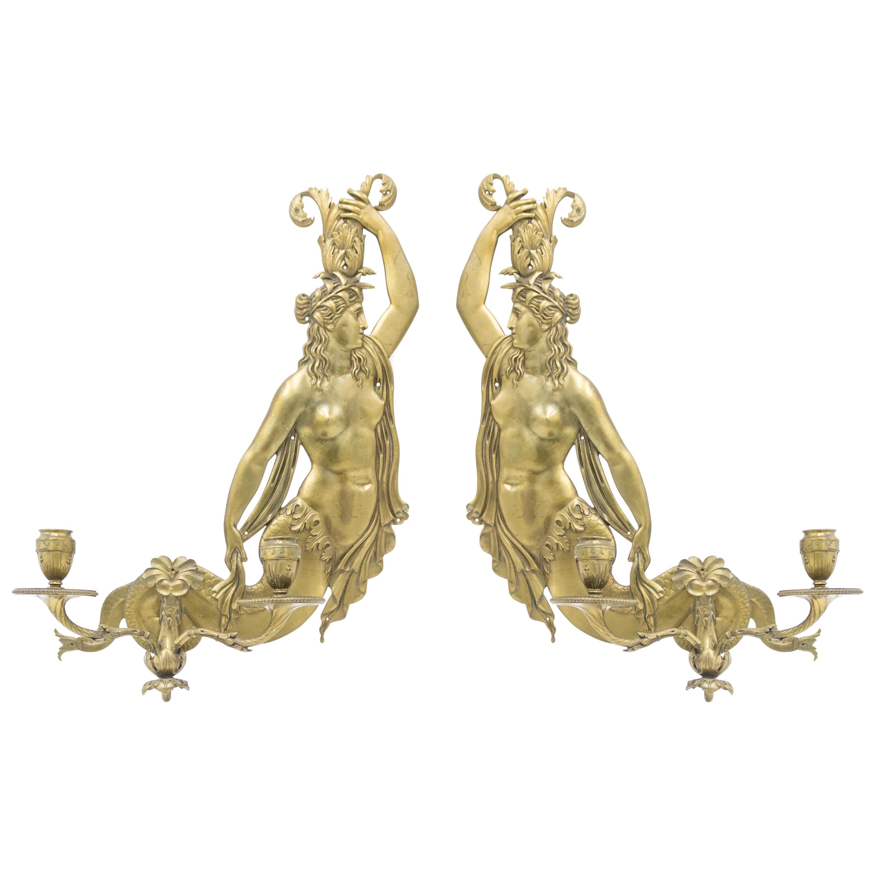Italian Neoclassic Style Bronze Mermaid Wall Sconces For Sale