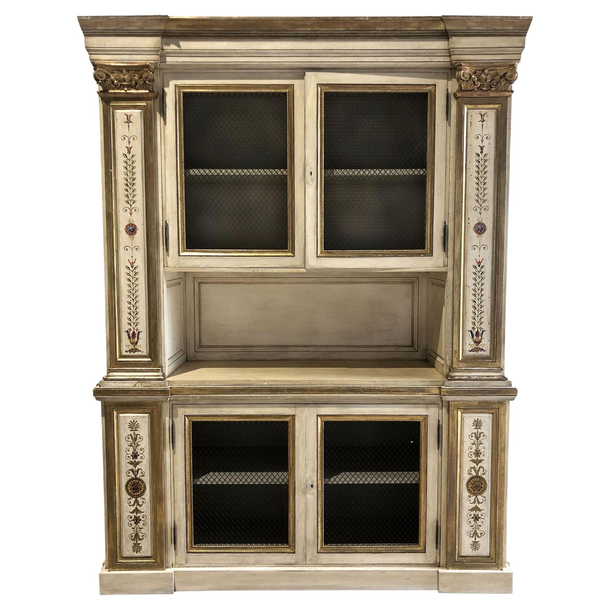 Italian Neoclassic Style Cream Painted and Parcel-Gilt Breakfront/ Bookcase For Sale