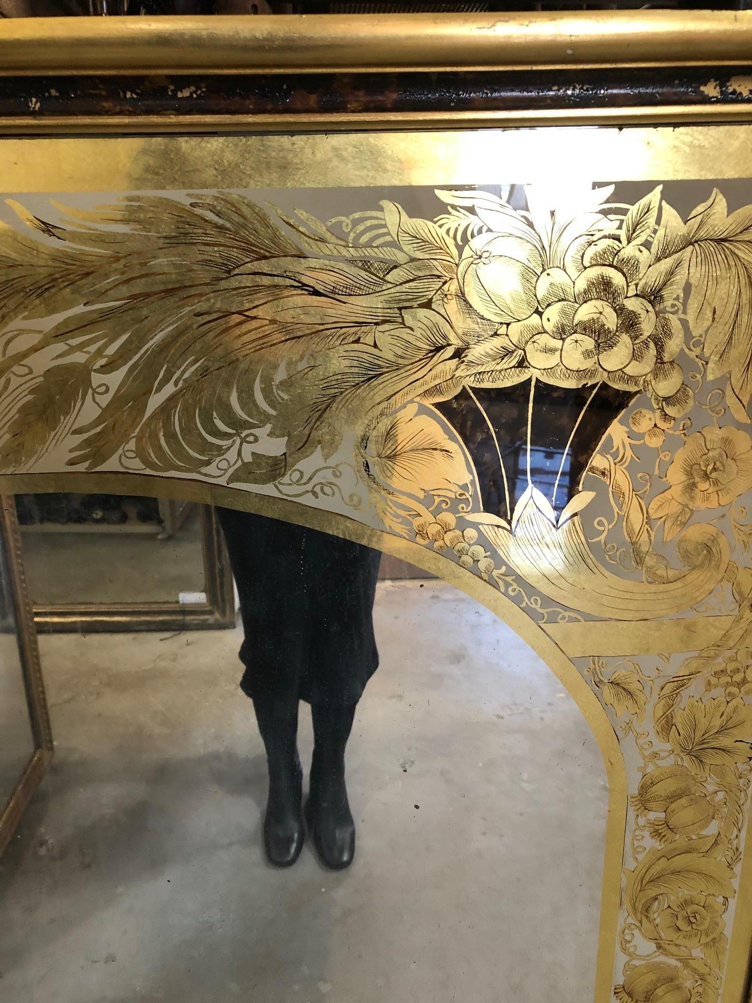 Gilt Italian Neoclassic Style Gold Églomisé Wall Mirror with Ornate Foliate Designs