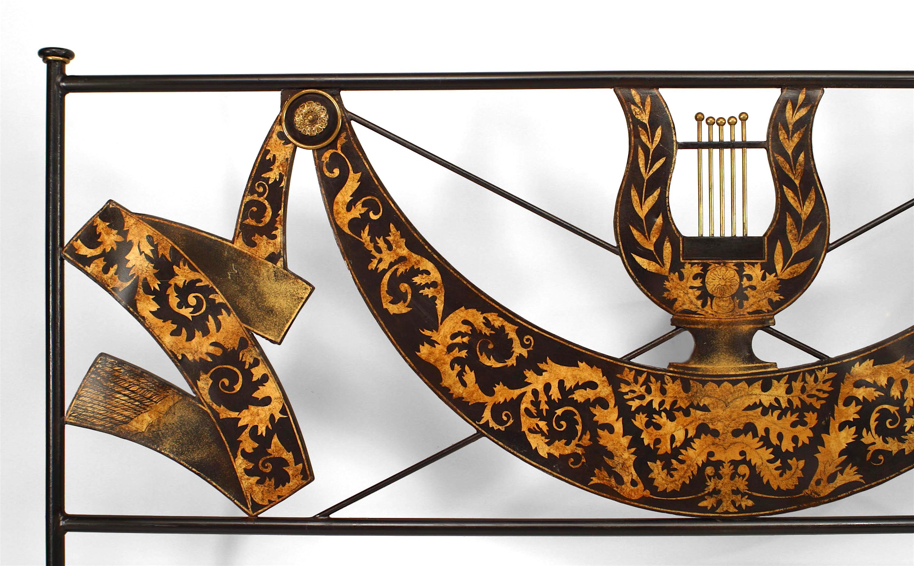 Italian neoclassic style ‘mid-20th century’ black tole king size bed with swag design gold decorative trim with lyre design on headboard (headboard and footboard only).

 