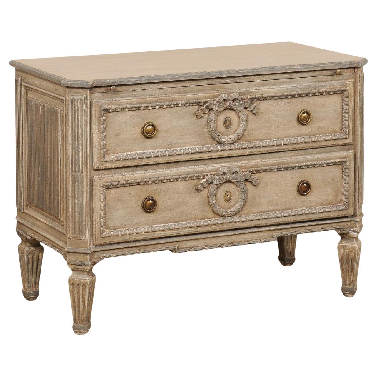 Italian Neoclassic Style Two-Drawer Chest w/Fluted and Wreath Carved Accents For Sale
