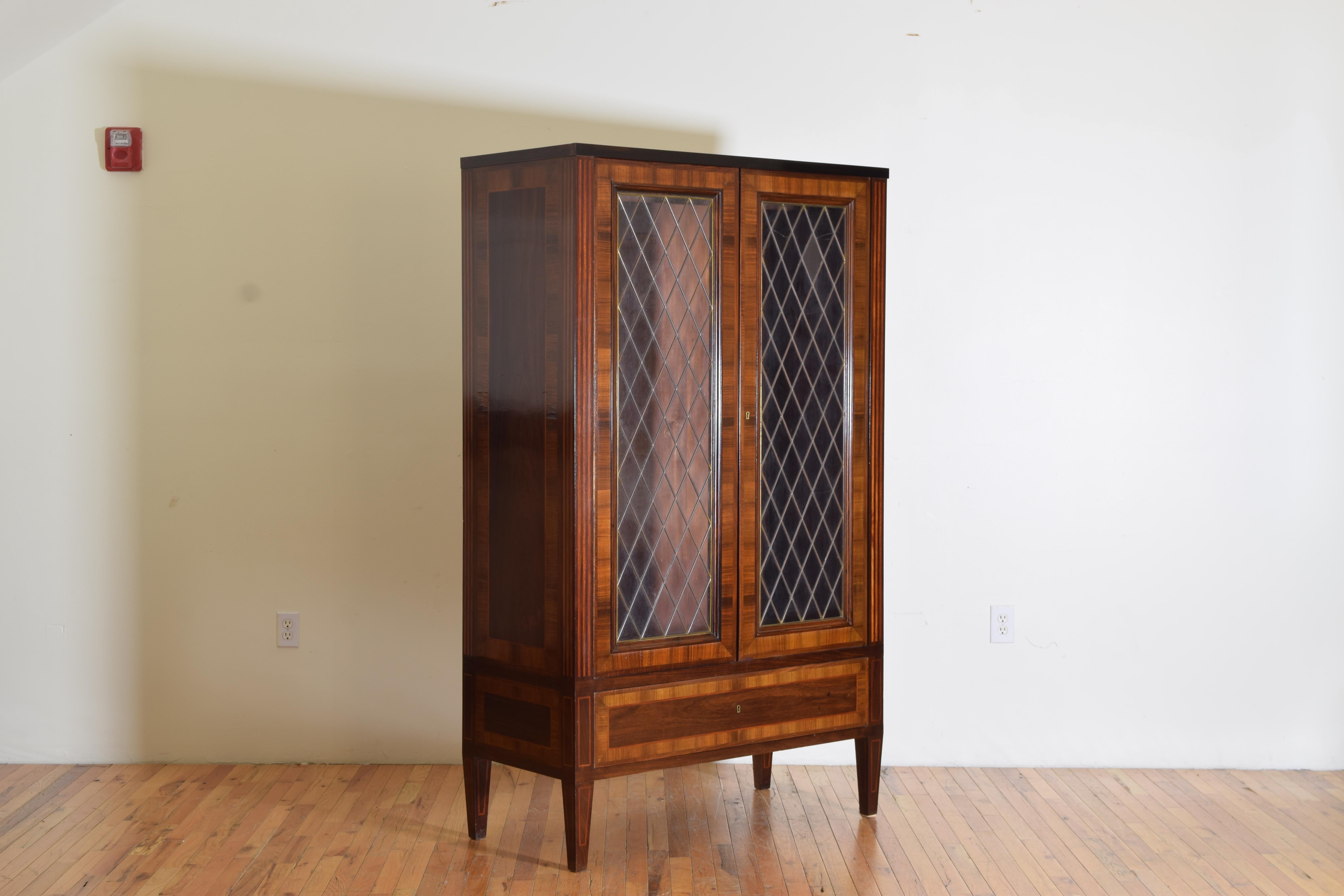 Italian neoclassic style walnut & inlaid glass door armoire, mid 20th century.