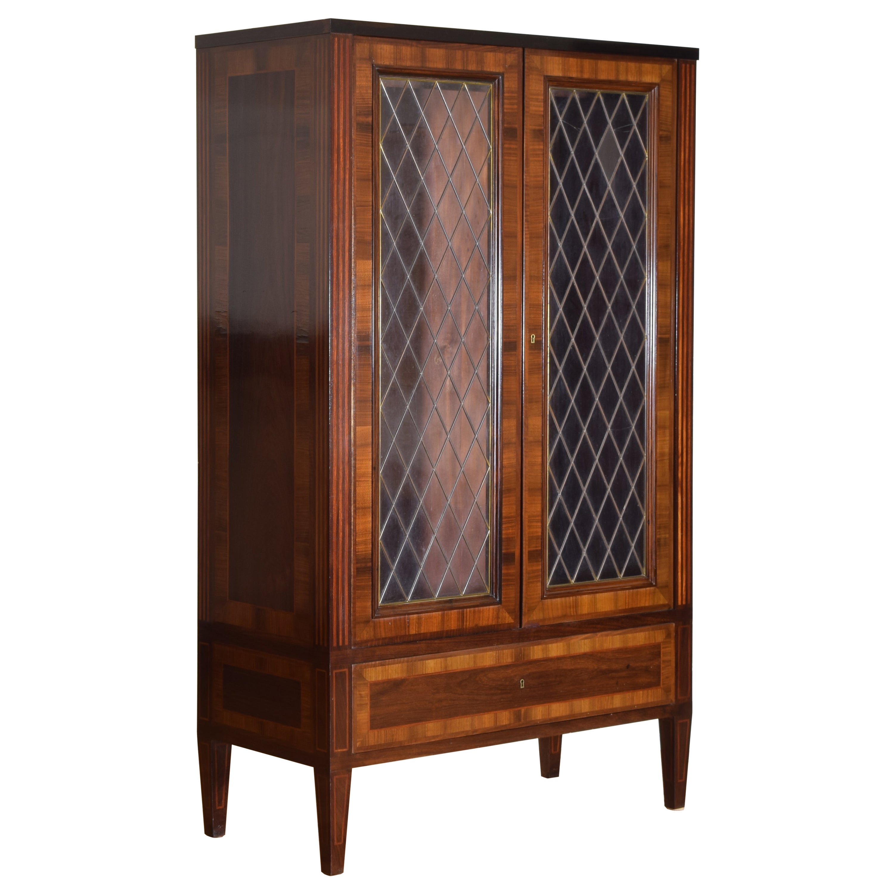 Italian Neoclassic Style Walnut 
Inlaid Glass Door Armoire, Mid 20th Century