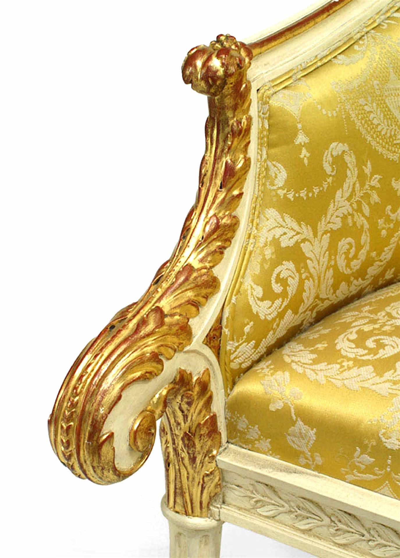 Damask Italian Neoclassic Style White and Gold Painted Carved Armchair For Sale