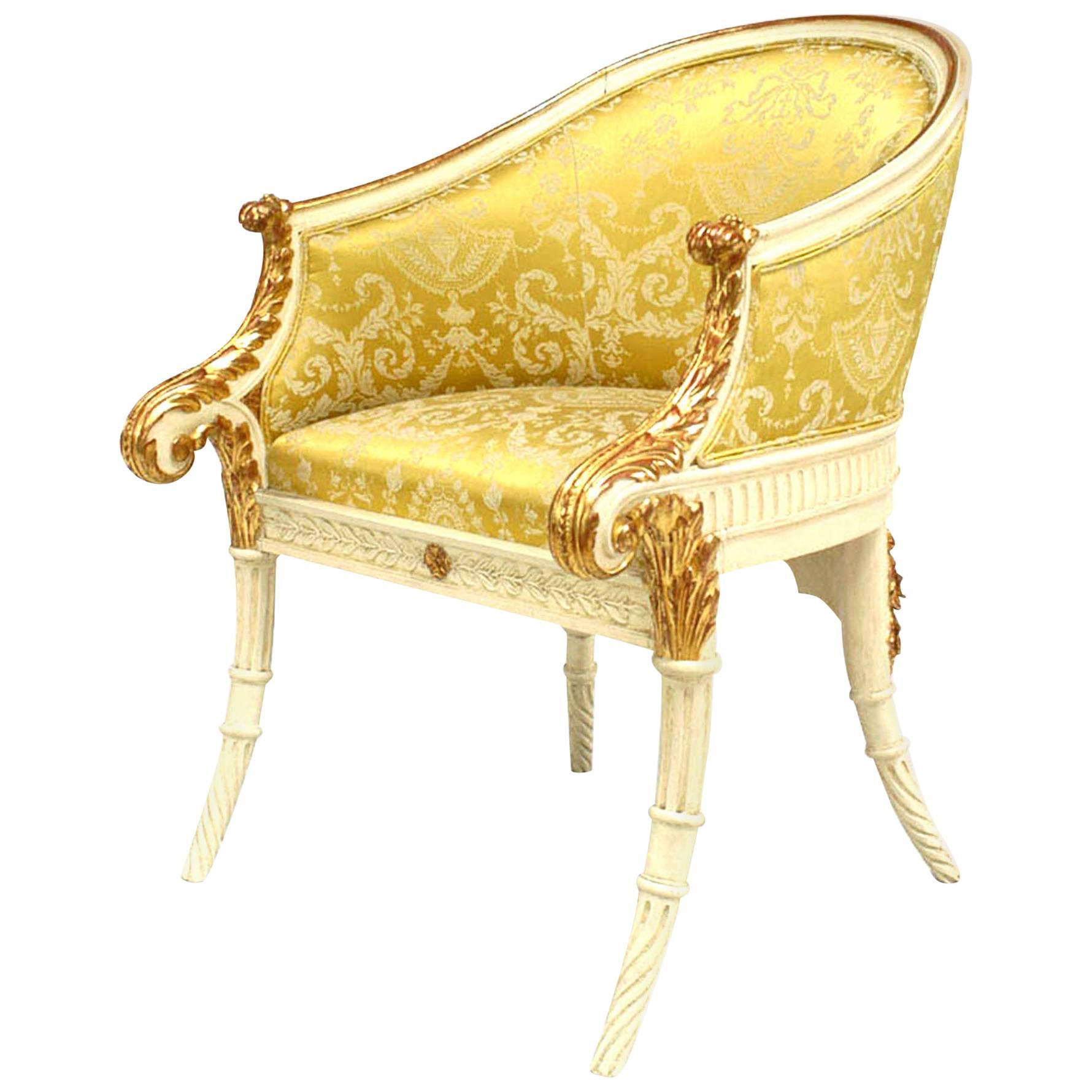 Italian Neoclassic Style White and Gold Painted Carved Armchair For Sale