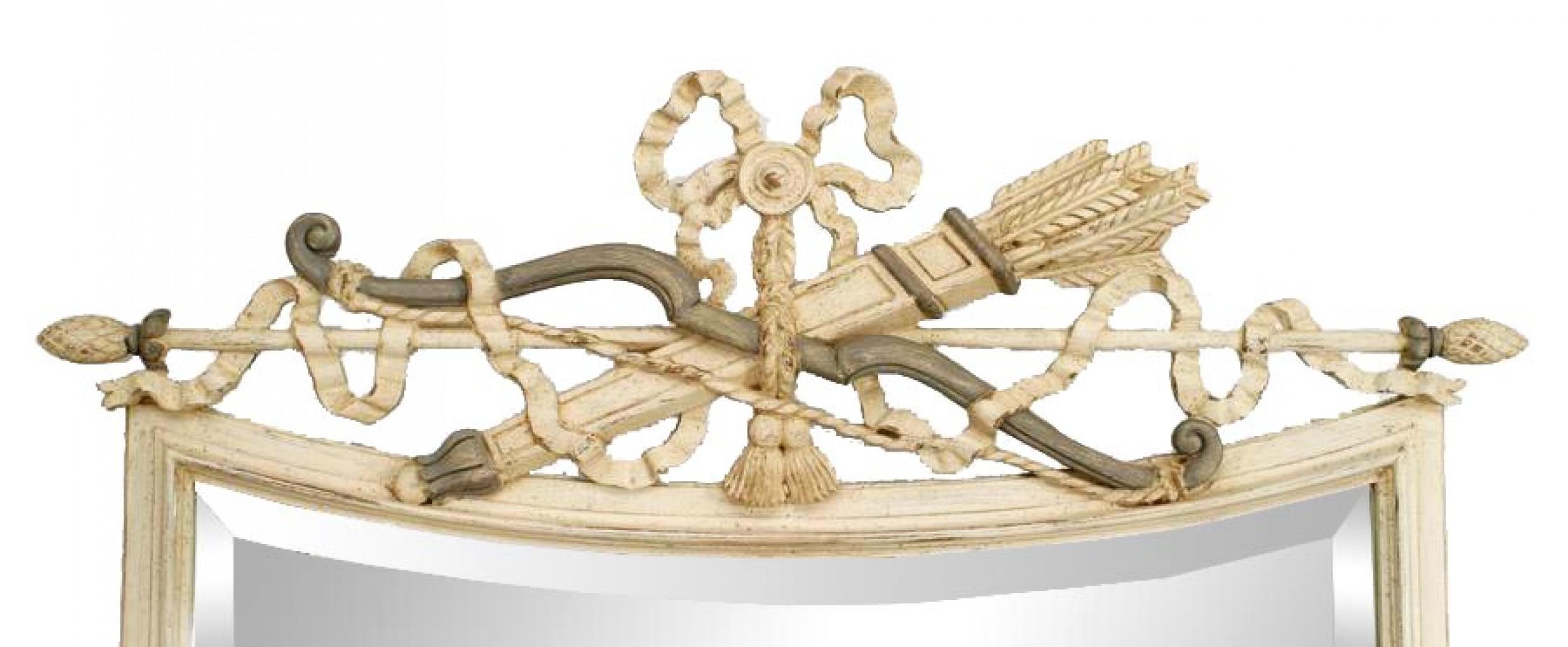 Italian Neoclassic-style (20th Century) white painted and grey trimmed wall mirror with a pediment designed with a carved bow knot and arrow motif.