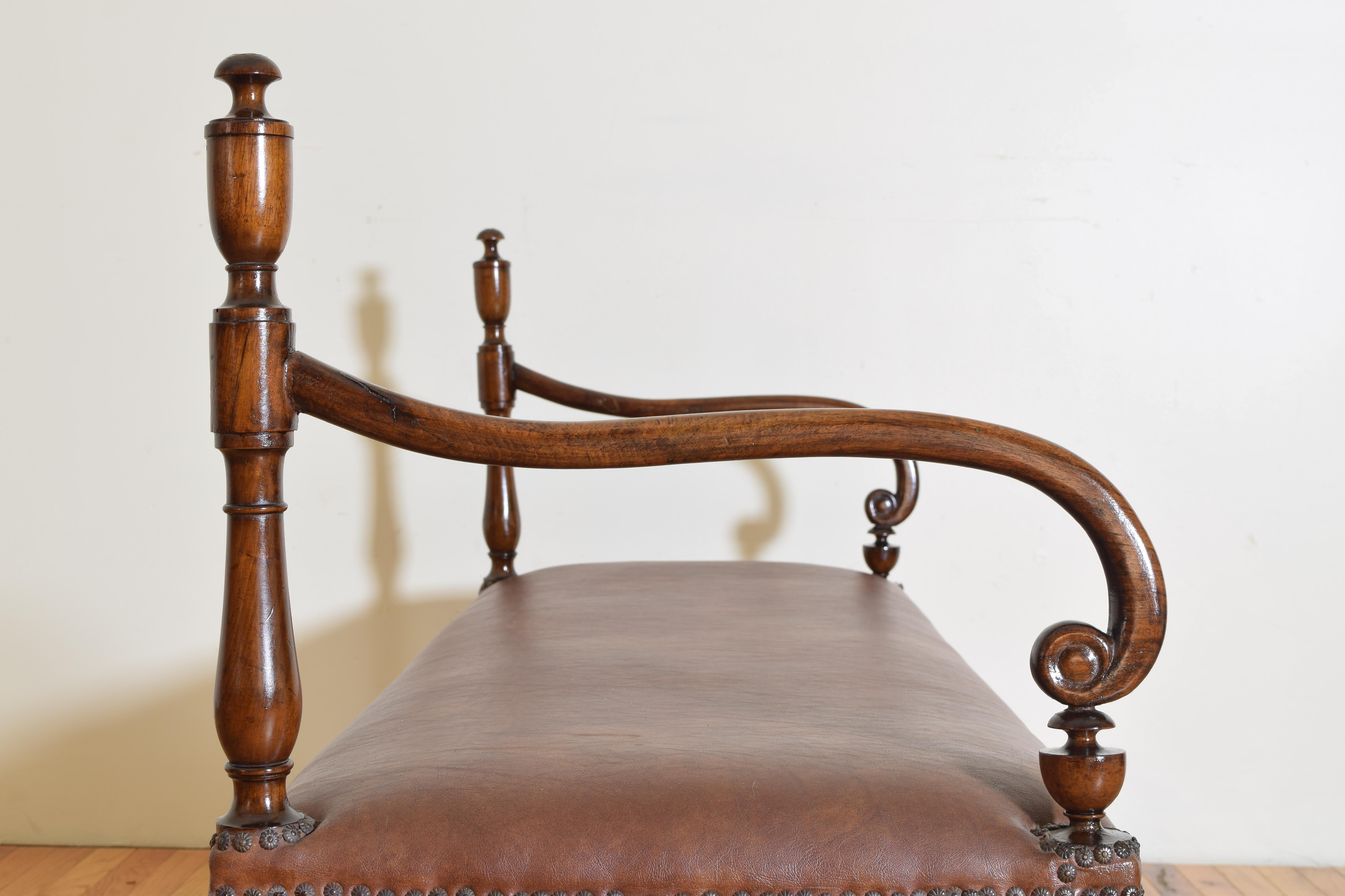 Mid-19th Century Italian Neoclassic Walnut and Upholstered Bench, Early 2nd Quarter 19th Century