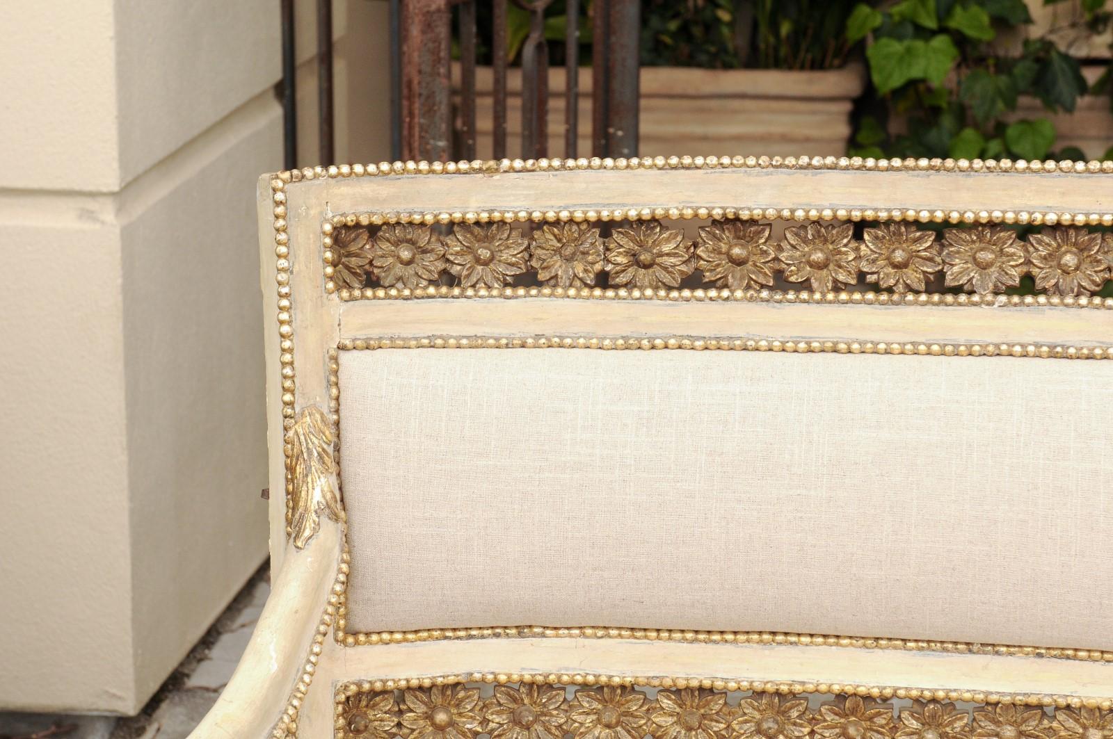 Upholstery Italian Neoclassical 1800s Settee with Original Paint and Gilt Floral Motifs
