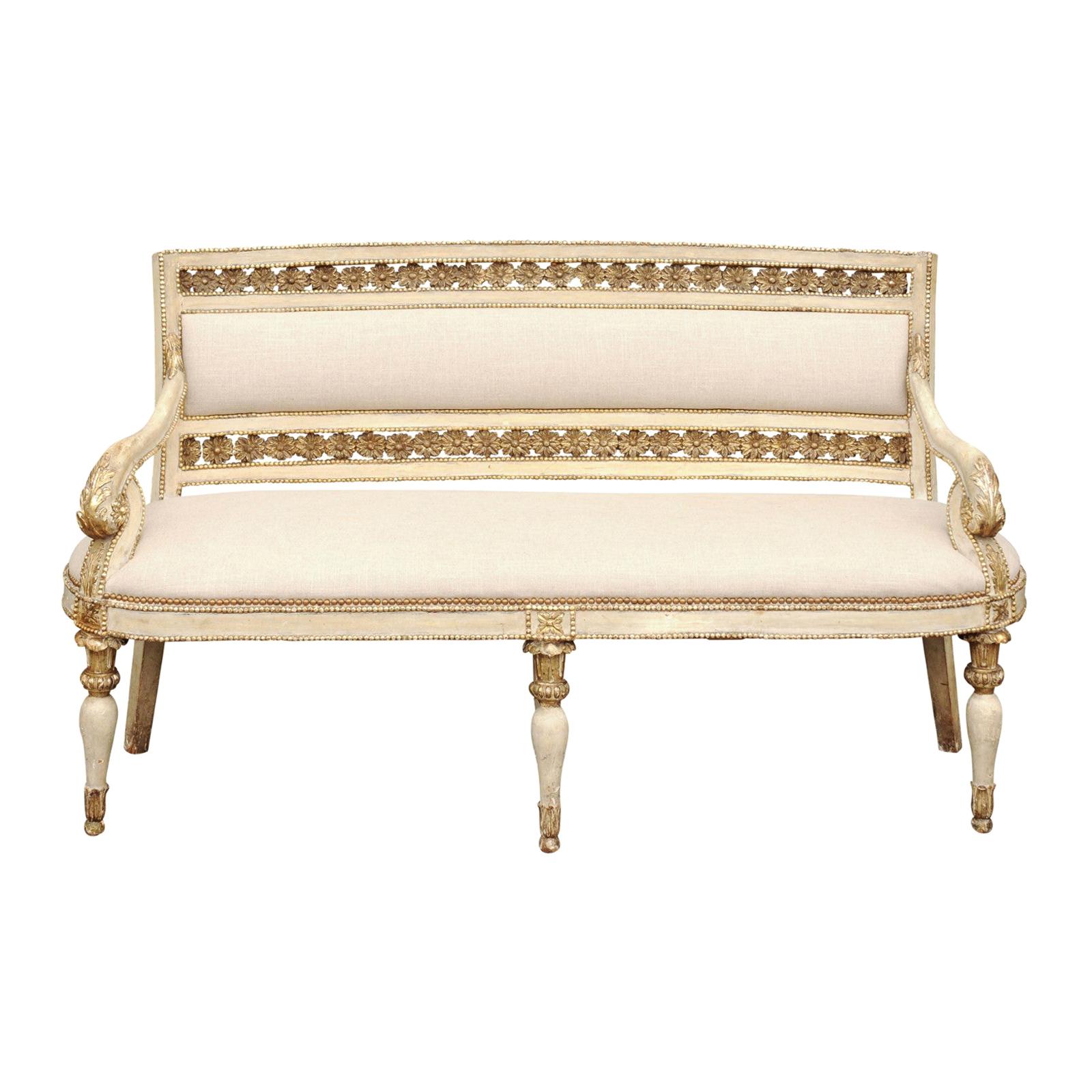 Italian Neoclassical 1800s Settee with Original Paint and Gilt Floral Motifs