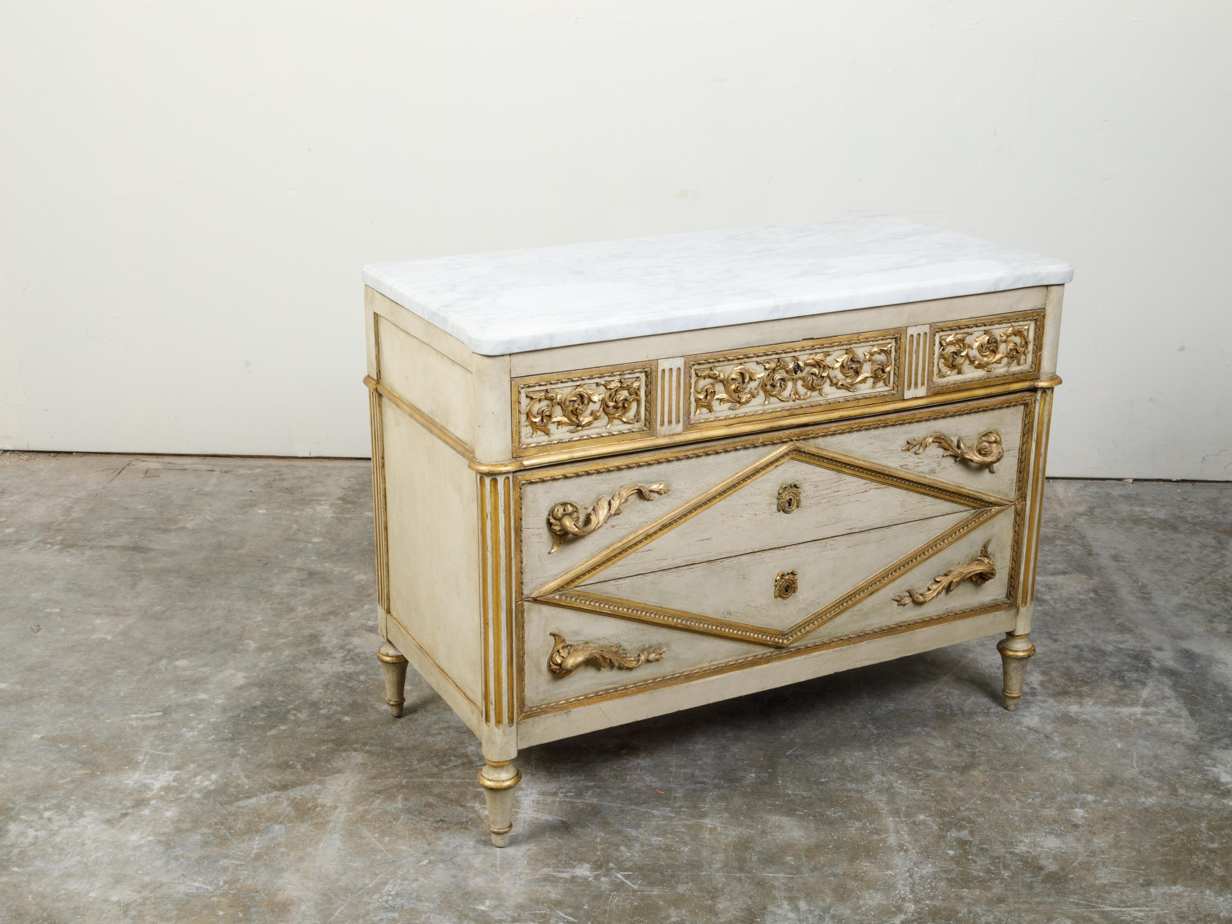 19th Century Italian Neoclassical 1800s Three-Drawer Commode with Gilt and Carved Motifs For Sale