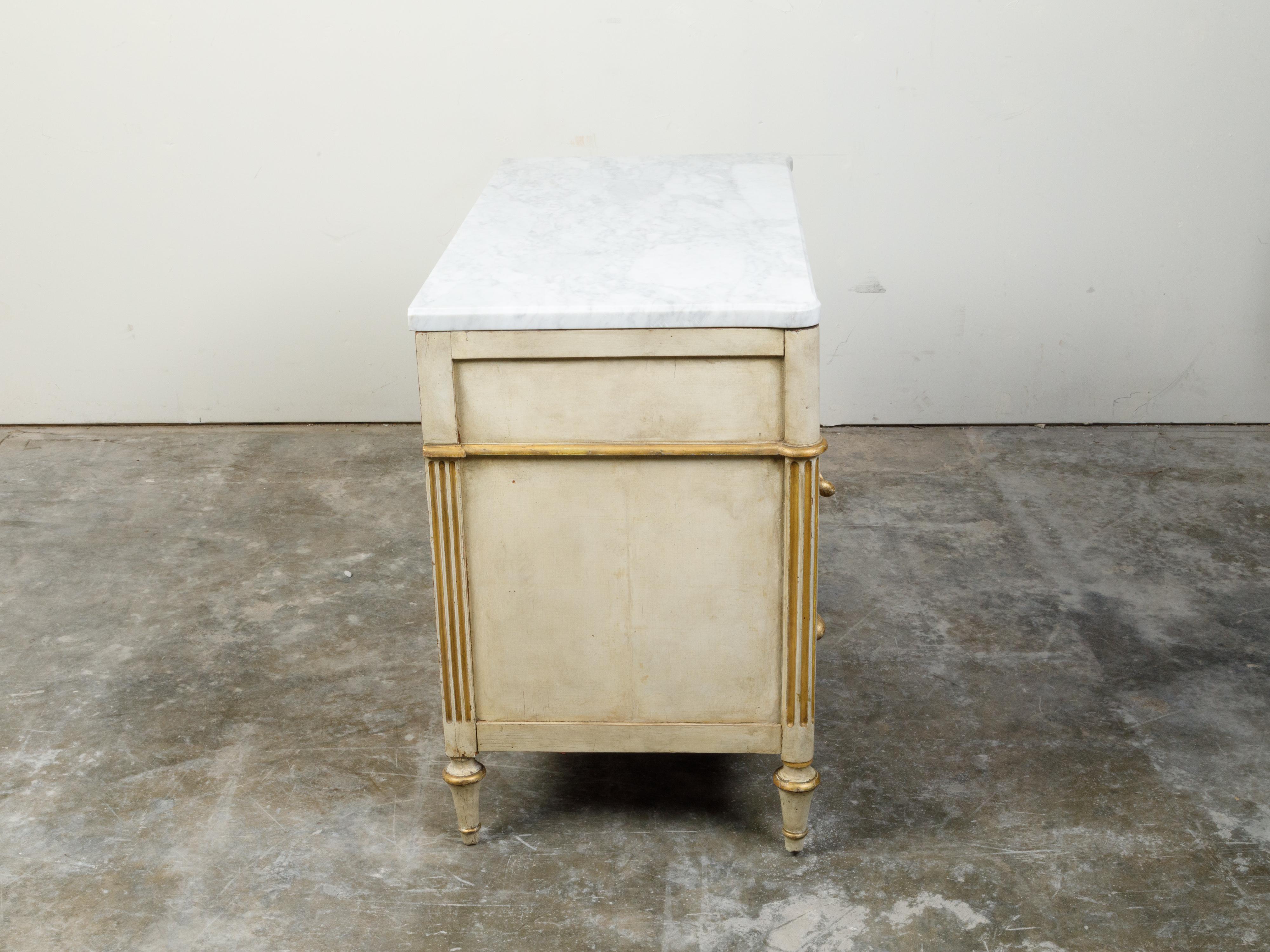 Marble Italian Neoclassical 1800s Three-Drawer Commode with Gilt and Carved Motifs For Sale