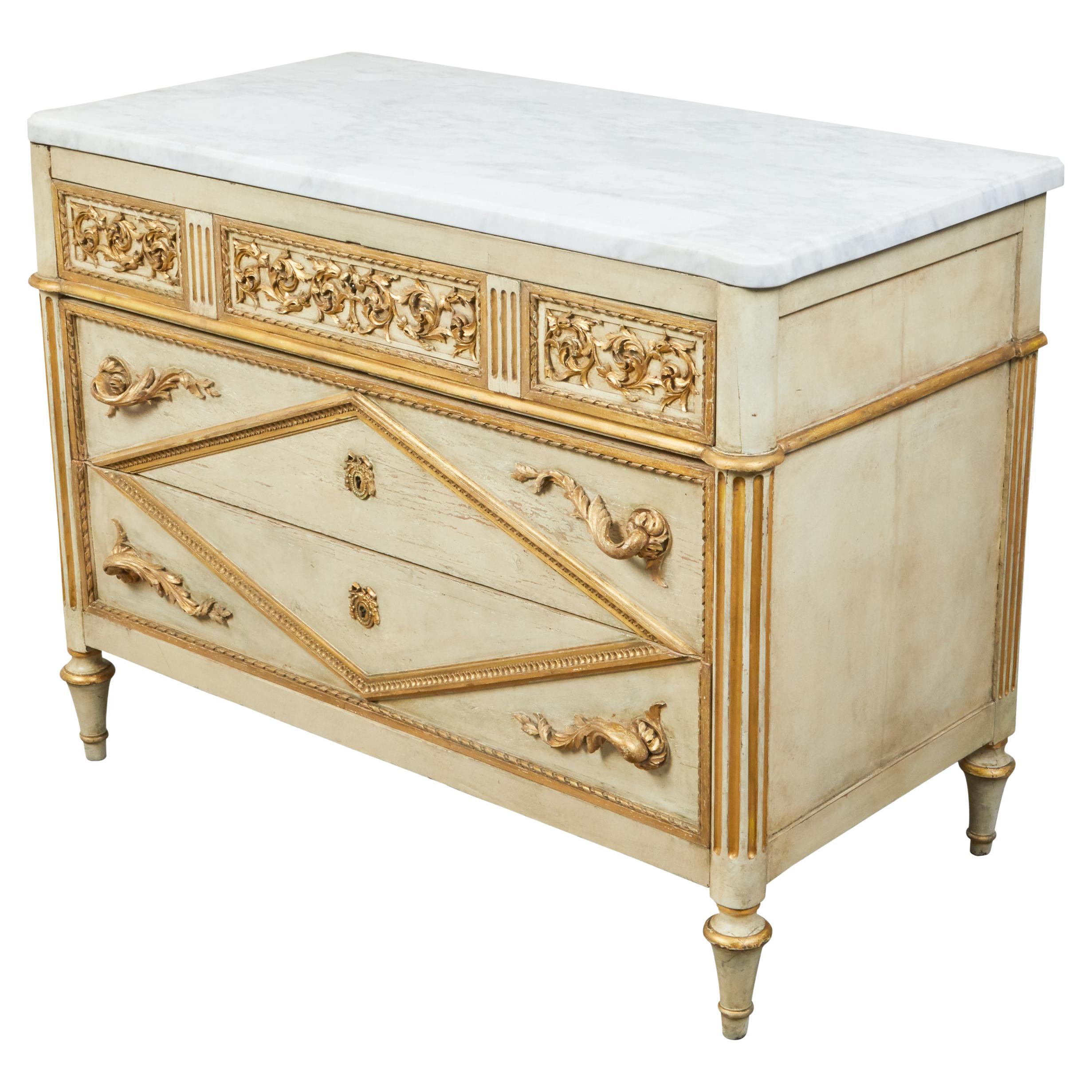Italian Neoclassical 1800s Three-Drawer Commode with Gilt and Carved Motifs For Sale