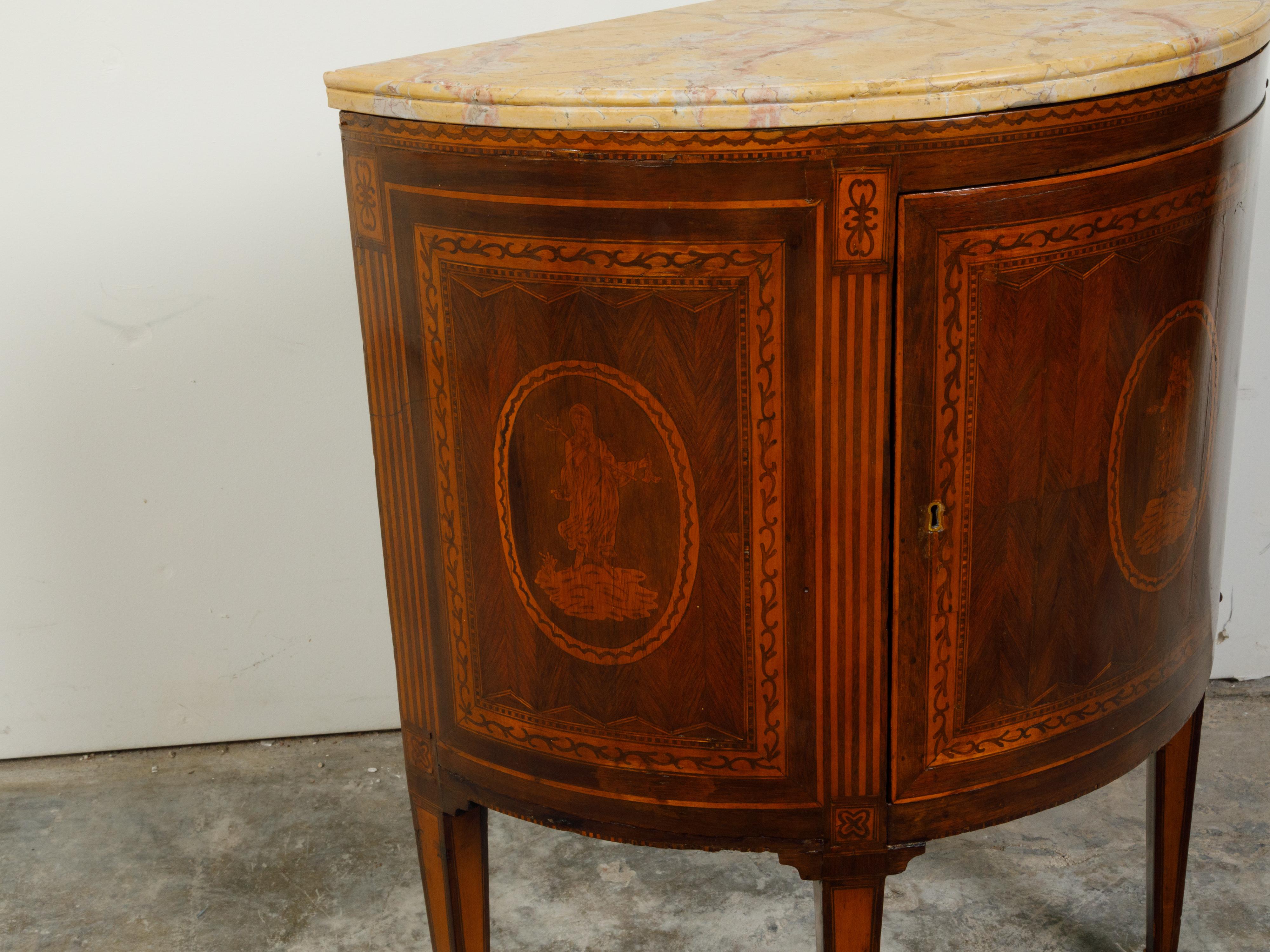 18th Century and Earlier Italian Neoclassical 18th Century Walnut Demilune Cabinet with Marquetry Décor For Sale