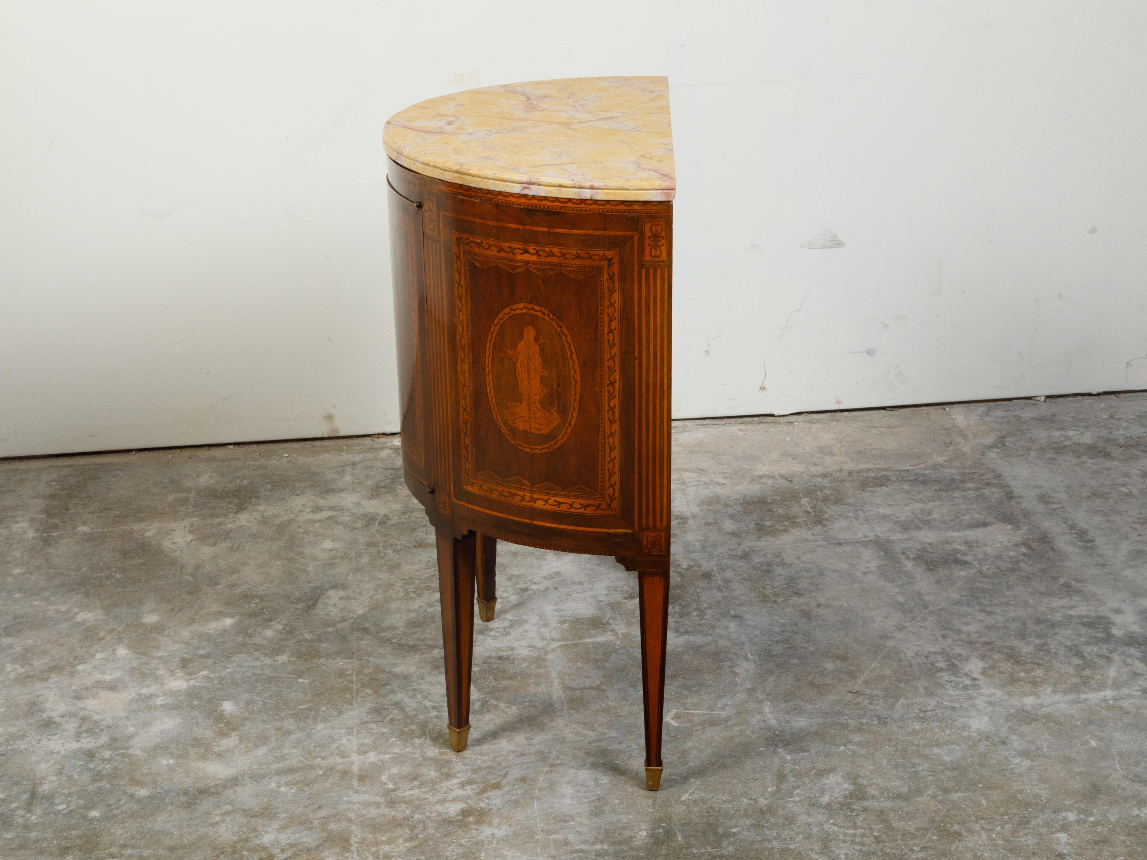 Italian Neoclassical 18th Century Walnut Demilune Cabinet with Marquetry Décor For Sale 1