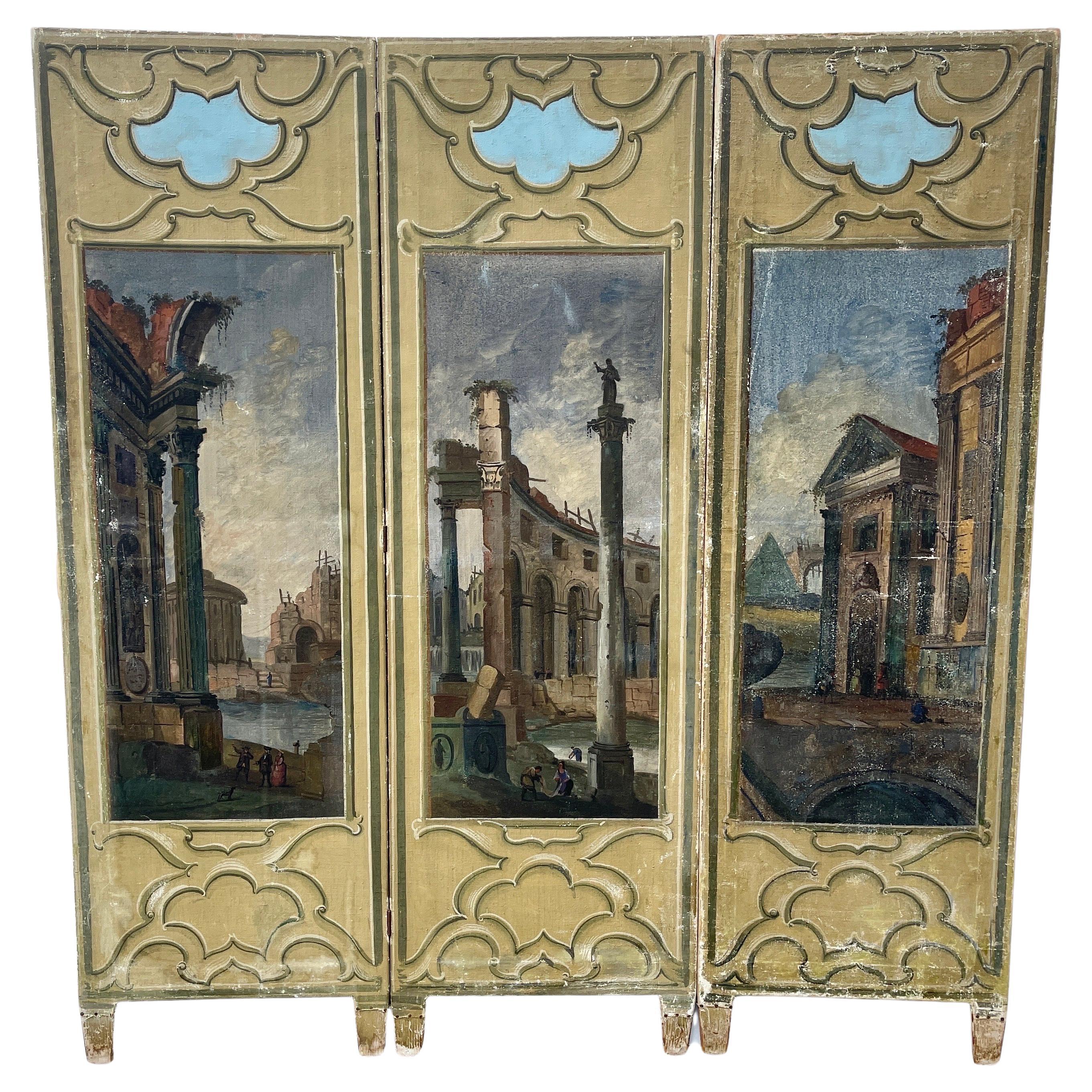 Italian Neoclassical 3 Panel Hand Painted Room Divider Screen 