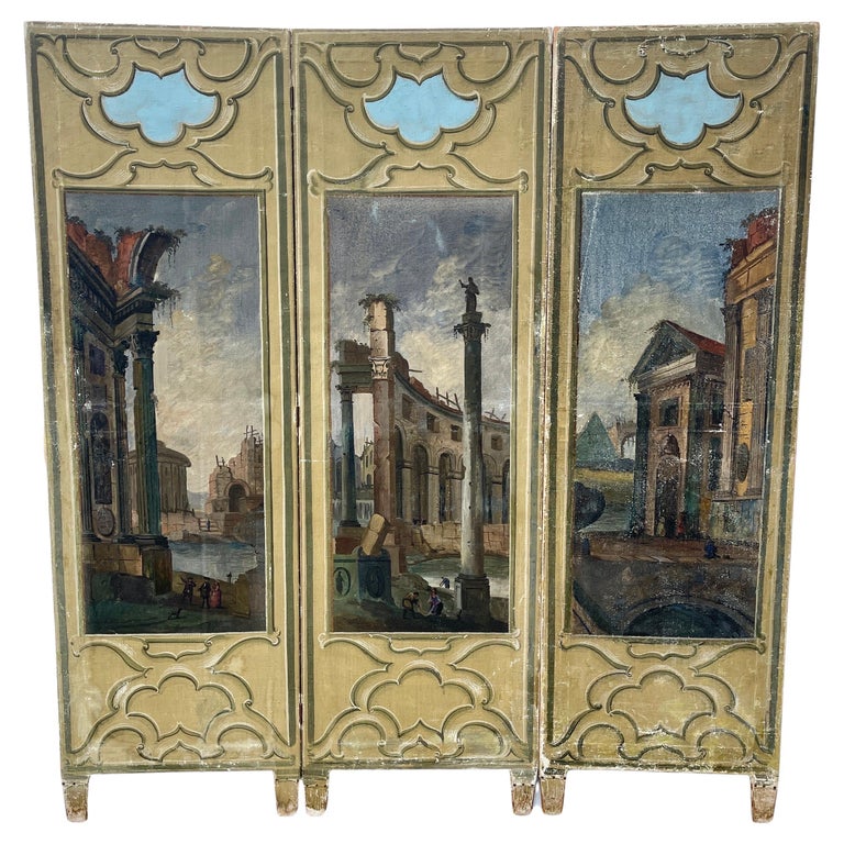 Italian Neoclassical 3 Panel Hand Painted Room Divider Screen  For Sale