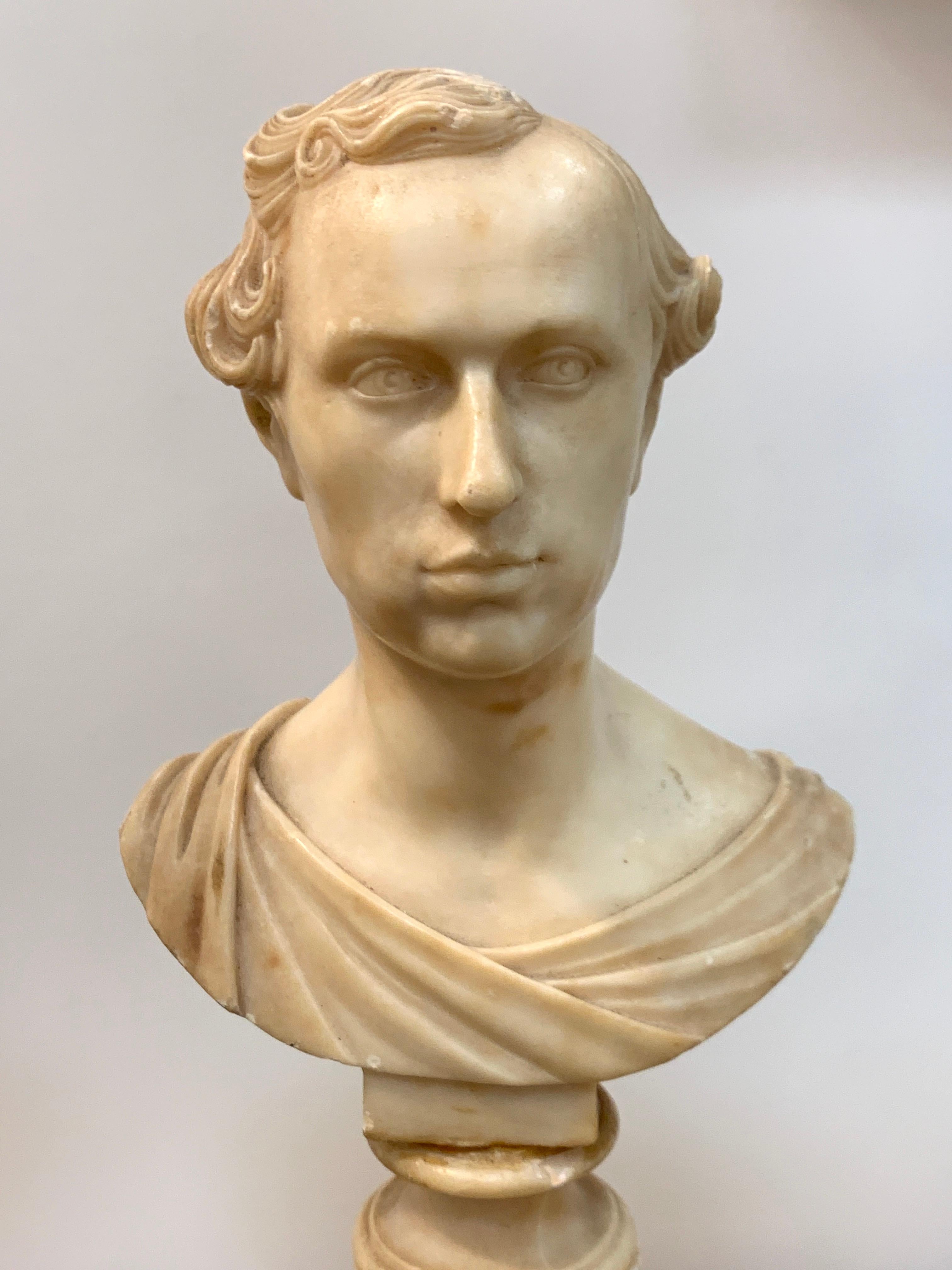 Hand-Carved Italian Neoclassical Alabaster Portrait Bust of a Gentleman, by Insom Fece, 1839 For Sale