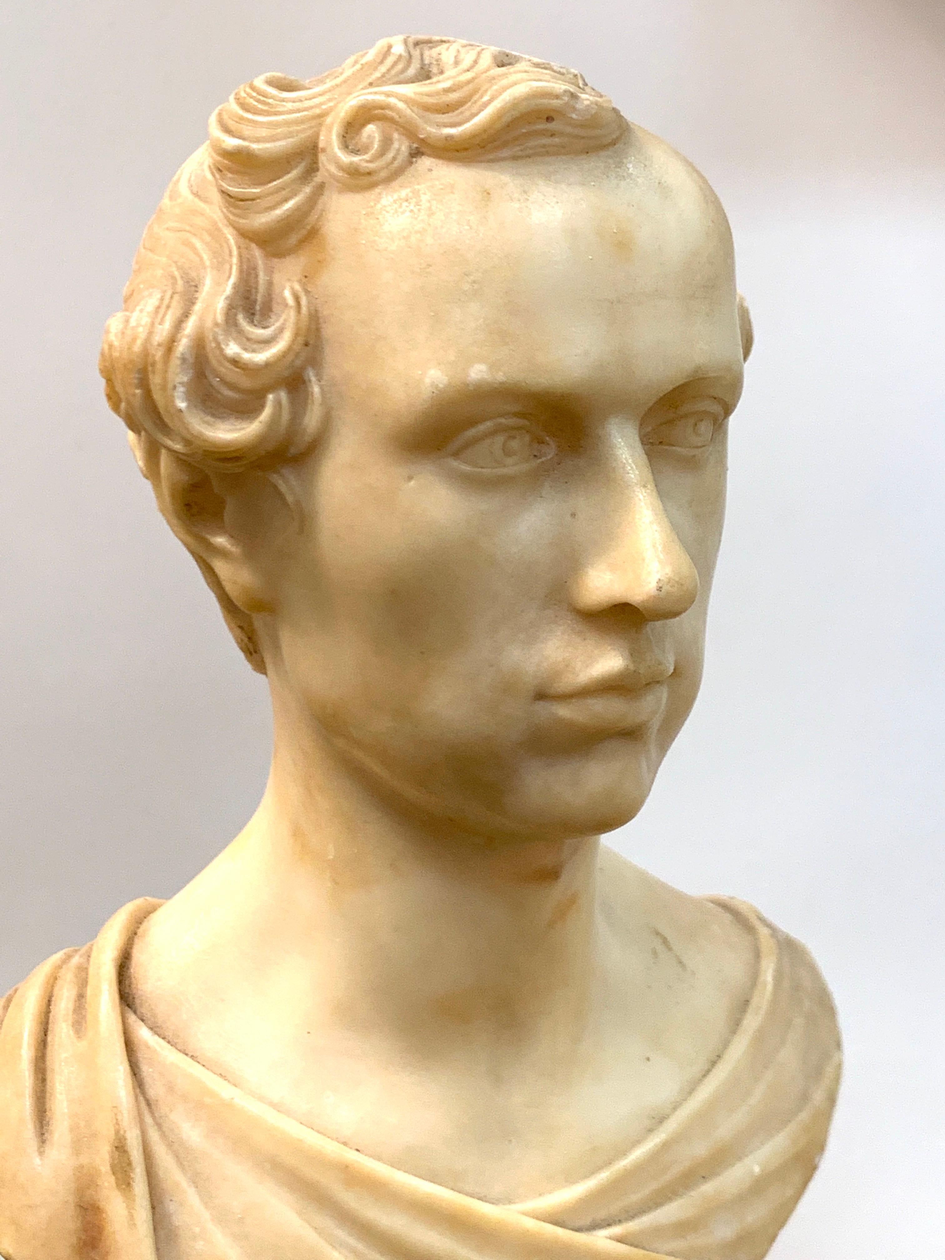 Mid-19th Century Italian Neoclassical Alabaster Portrait Bust of a Gentleman, by Insom Fece, 1839 For Sale