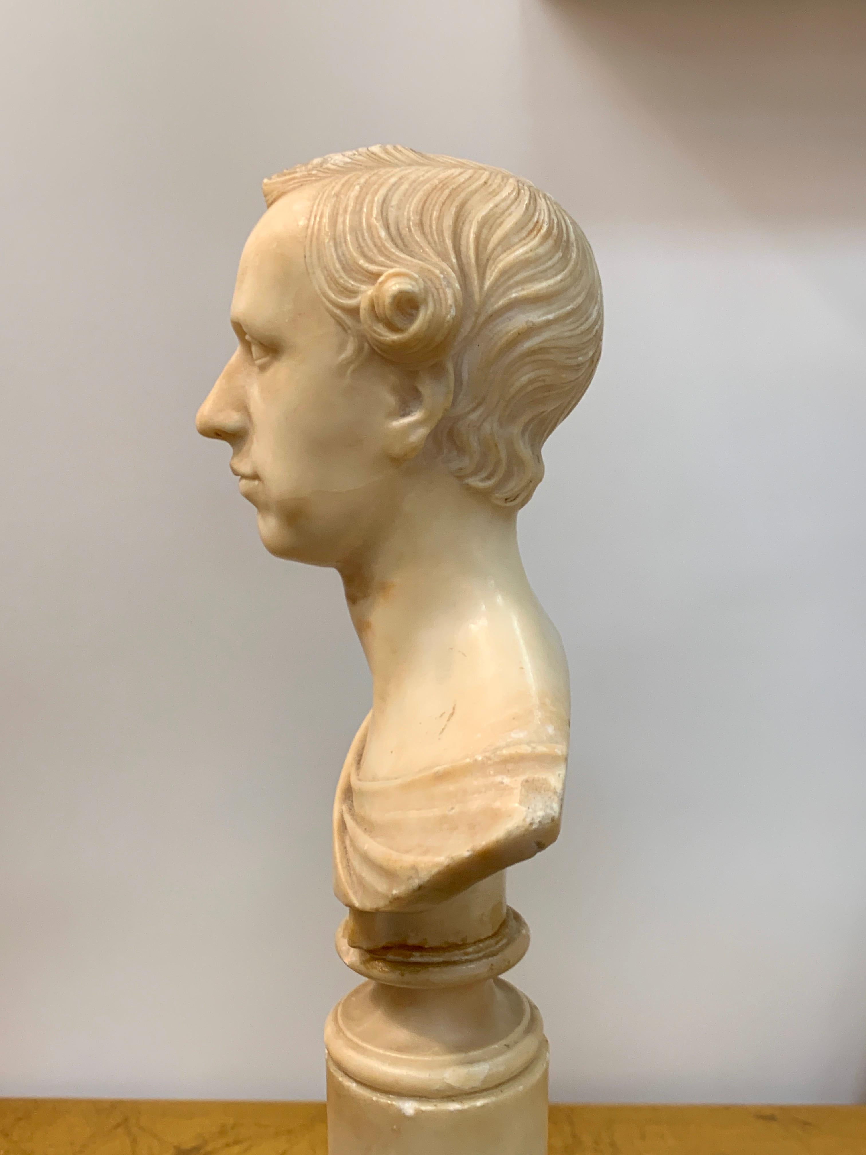 Wood Italian Neoclassical Alabaster Portrait Bust of a Gentleman, by Insom Fece, 1839 For Sale