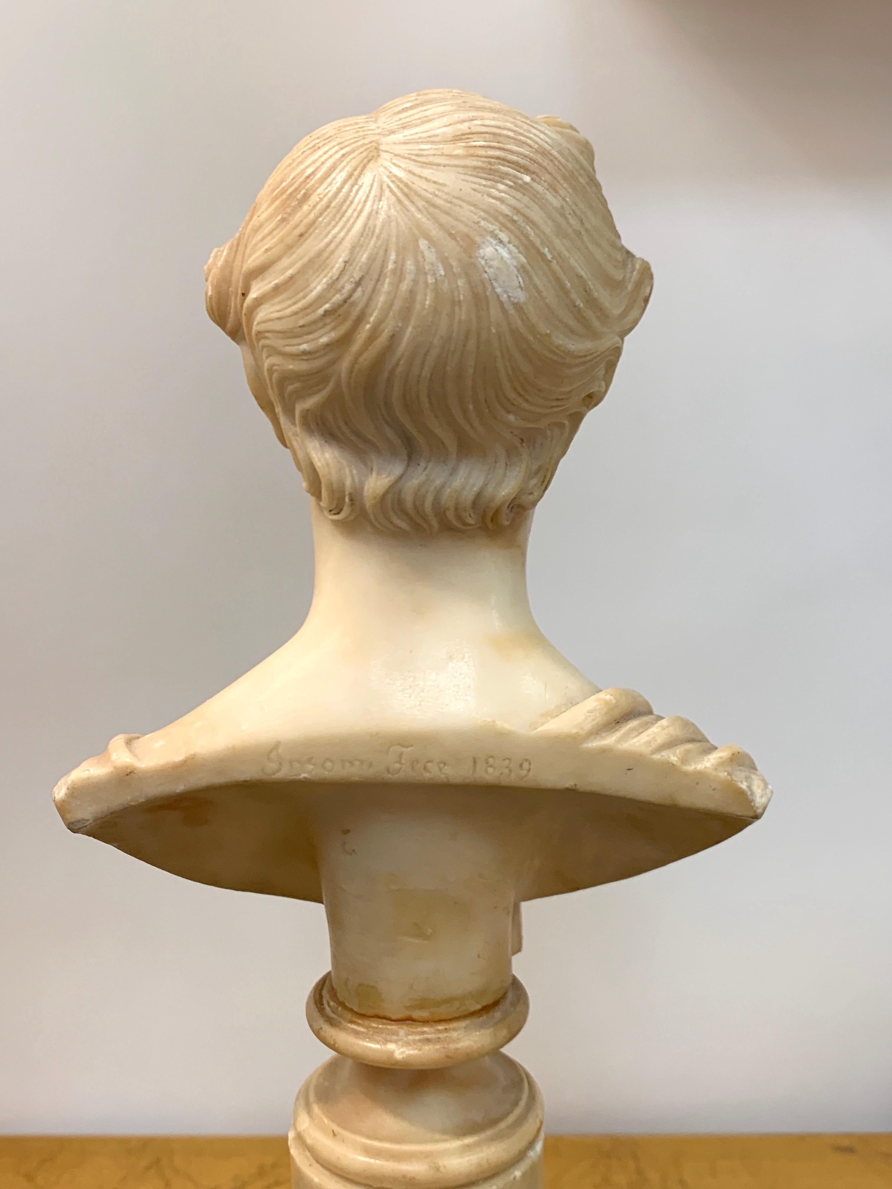 Italian Neoclassical Alabaster Portrait Bust of a Gentleman, by Insom Fece, 1839 For Sale 1