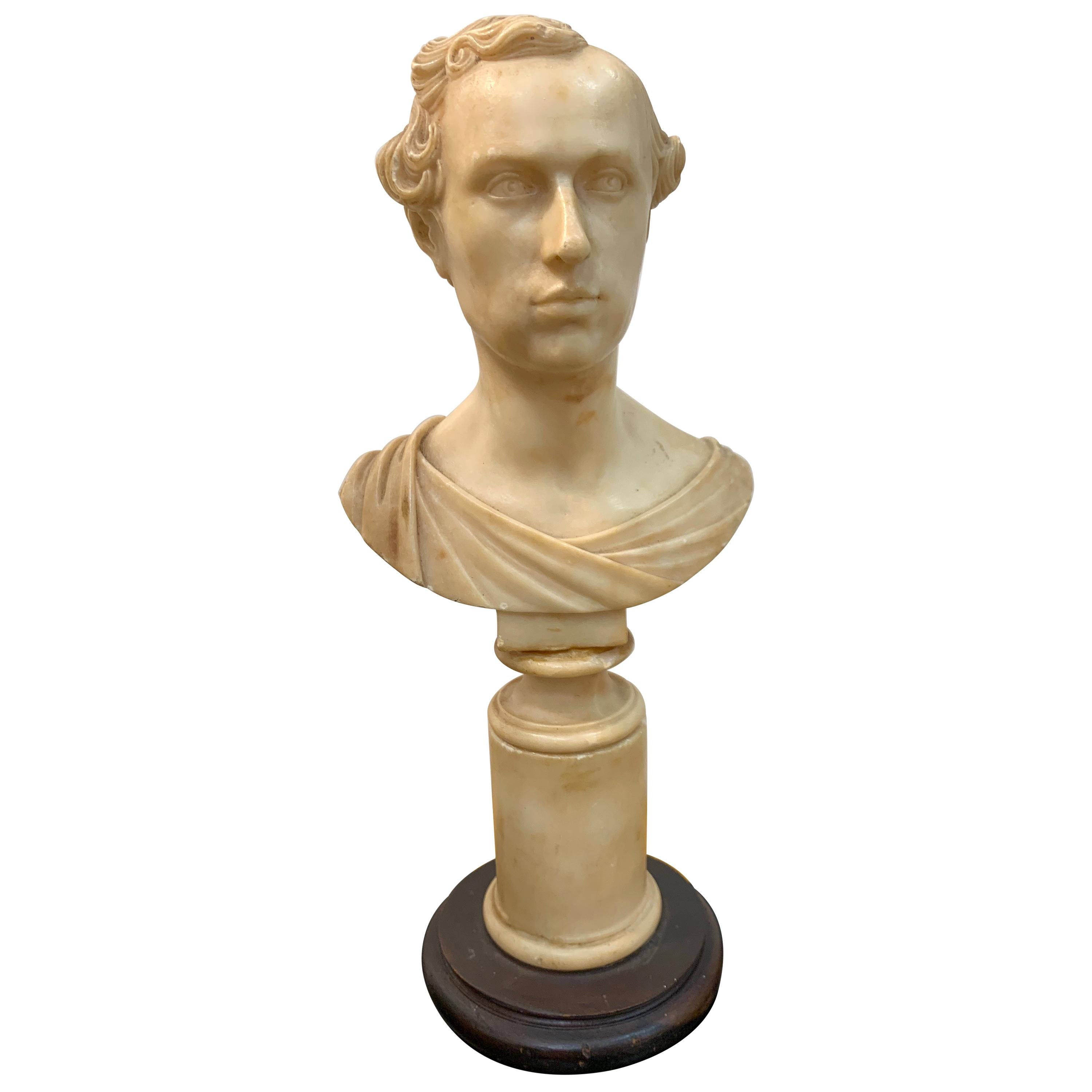 Italian Neoclassical Alabaster Portrait Bust of a Gentleman, by Insom Fece, 1839 For Sale