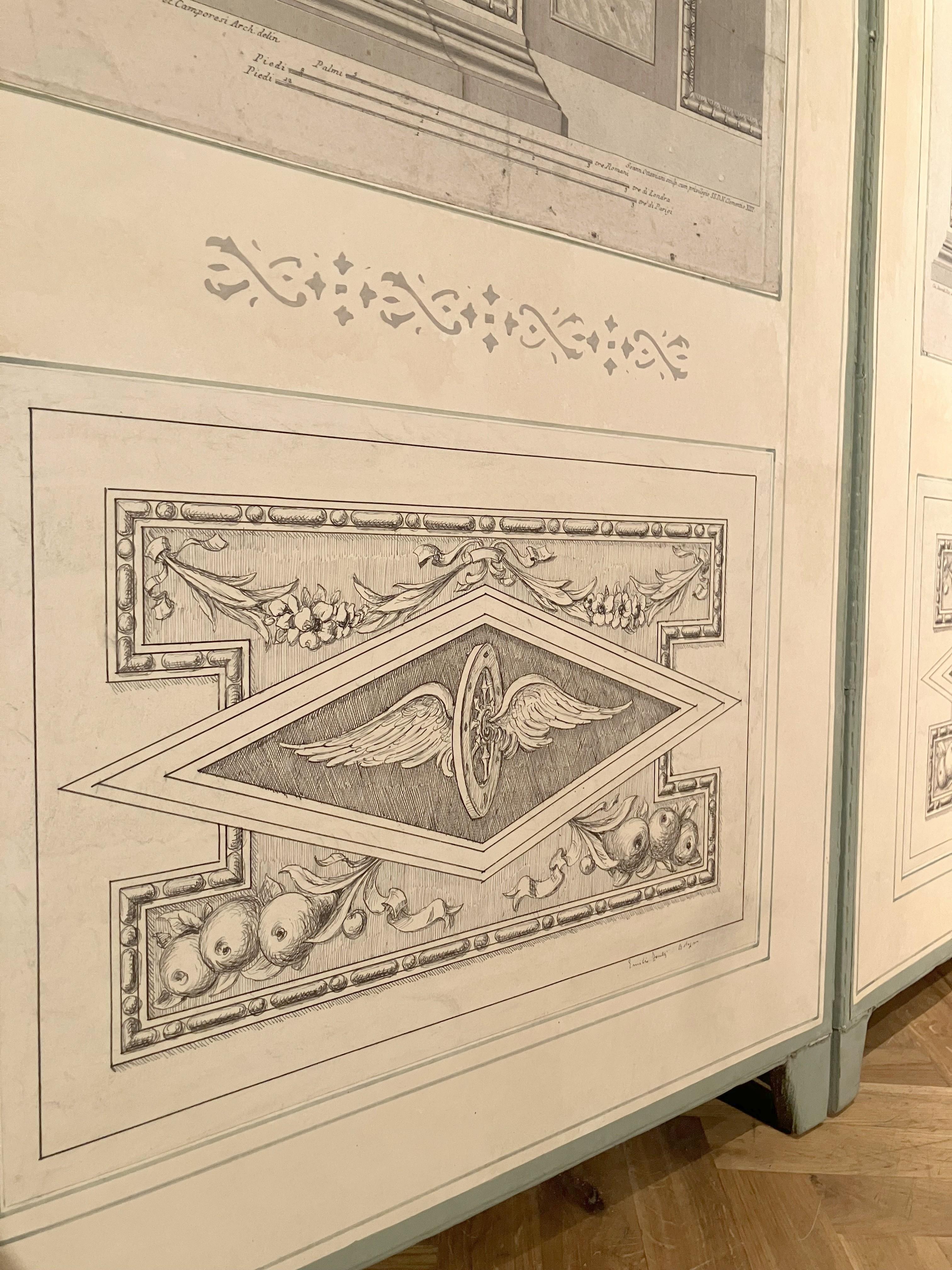 Des gravures architecturales néoclassiques italiennes gravées à l'eau-forte six panneaux pliant   en vente 10