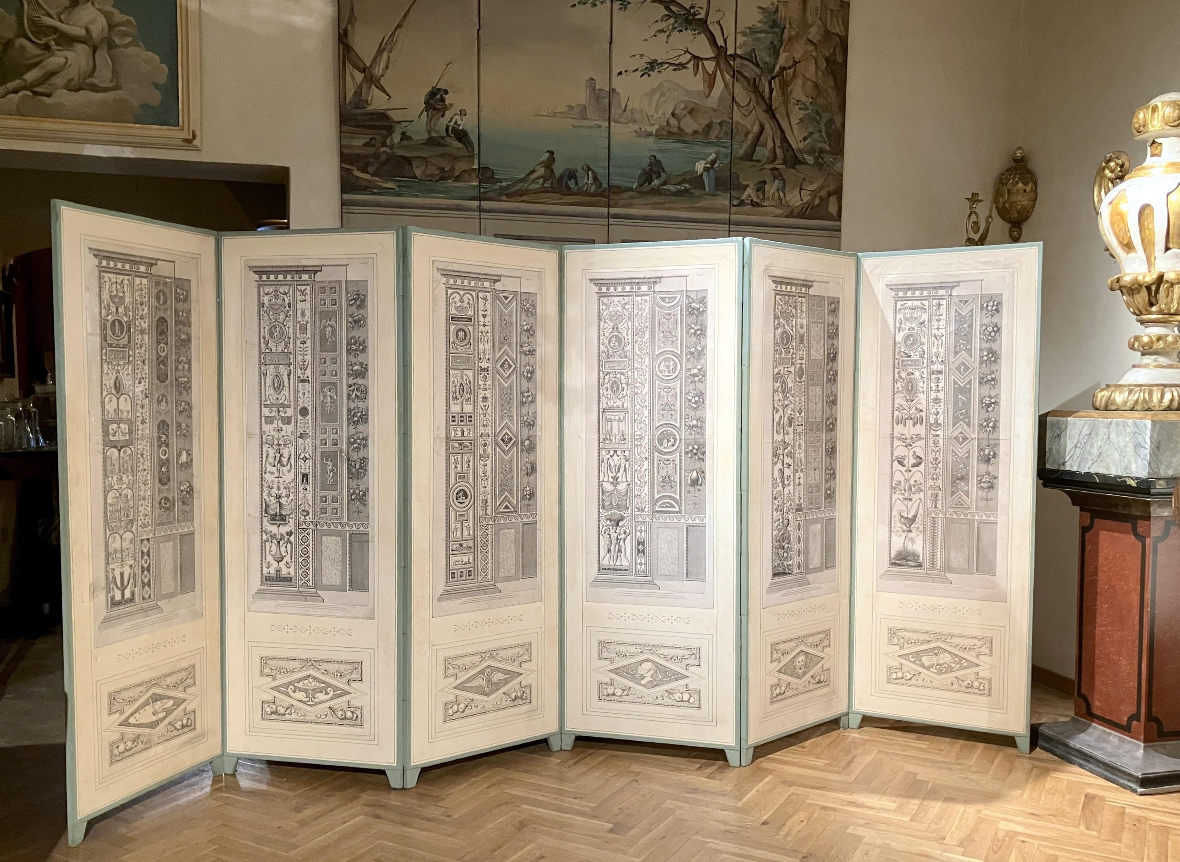 Des gravures architecturales néoclassiques italiennes gravées à l'eau-forte six panneaux pliant   en vente 13